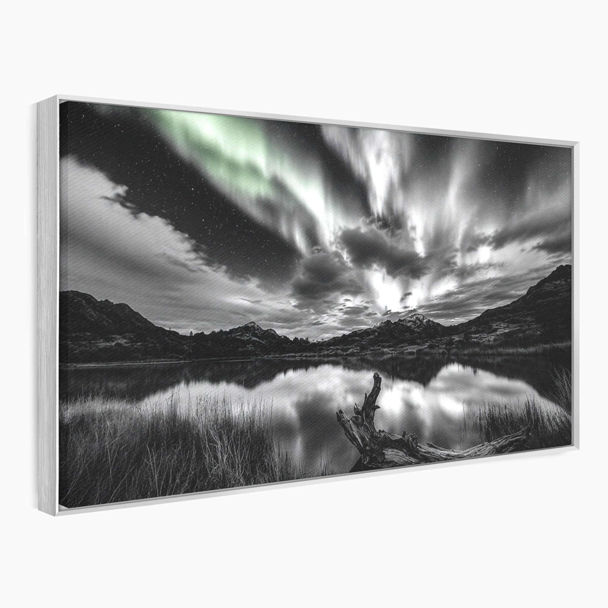 Tablou Canvas Premium LuxCanva® A1703, Aurora Boreala Monocromatica, Aurora Boreala, Peisaj, Noapte, Reflectie, Dormitor, Culori Vibrante