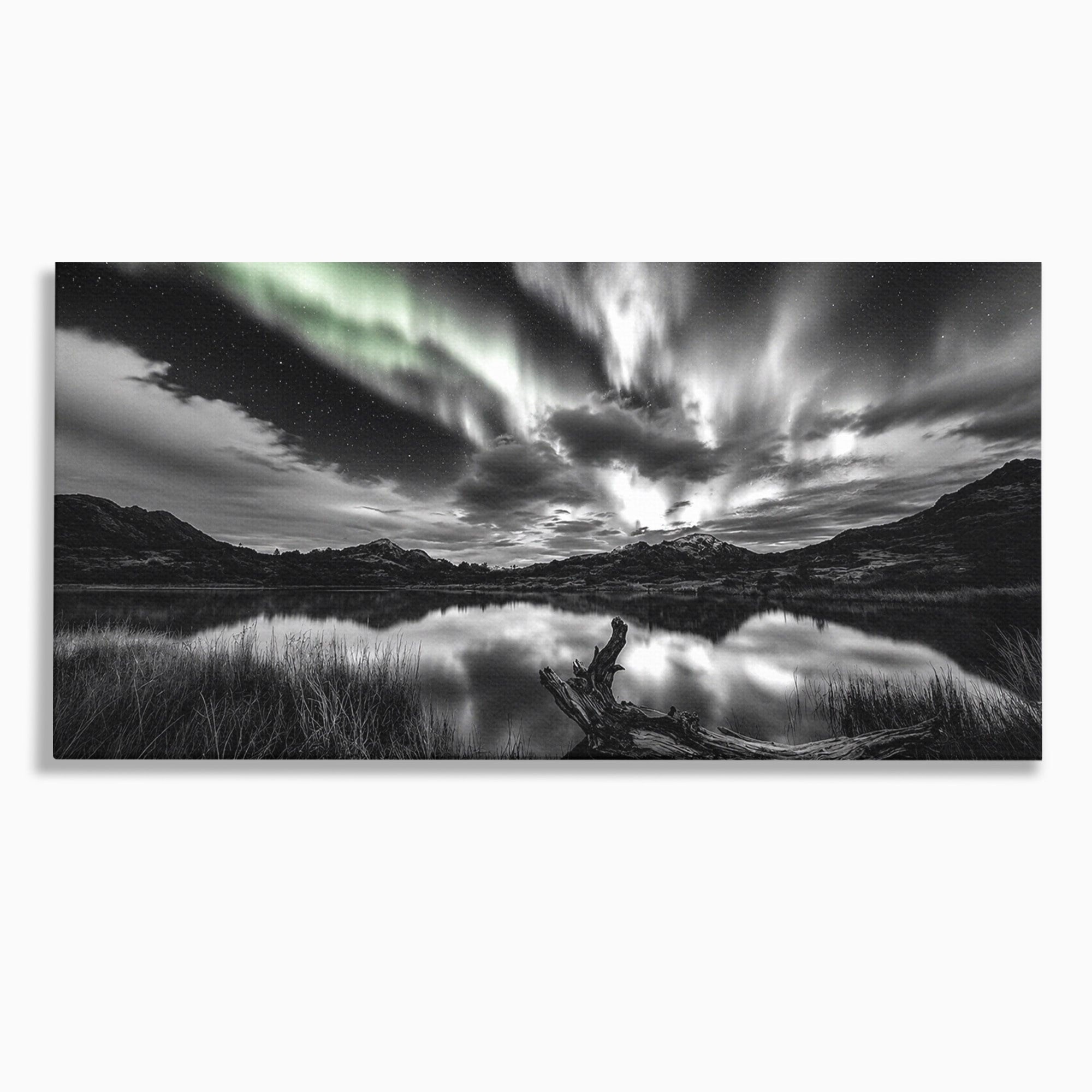 Tablou Canvas Premium LuxCanva® A1703, Aurora Boreala Monocromatica, Aurora Boreala, Peisaj, Noapte, Reflectie, Dormitor, Culori Vibrante