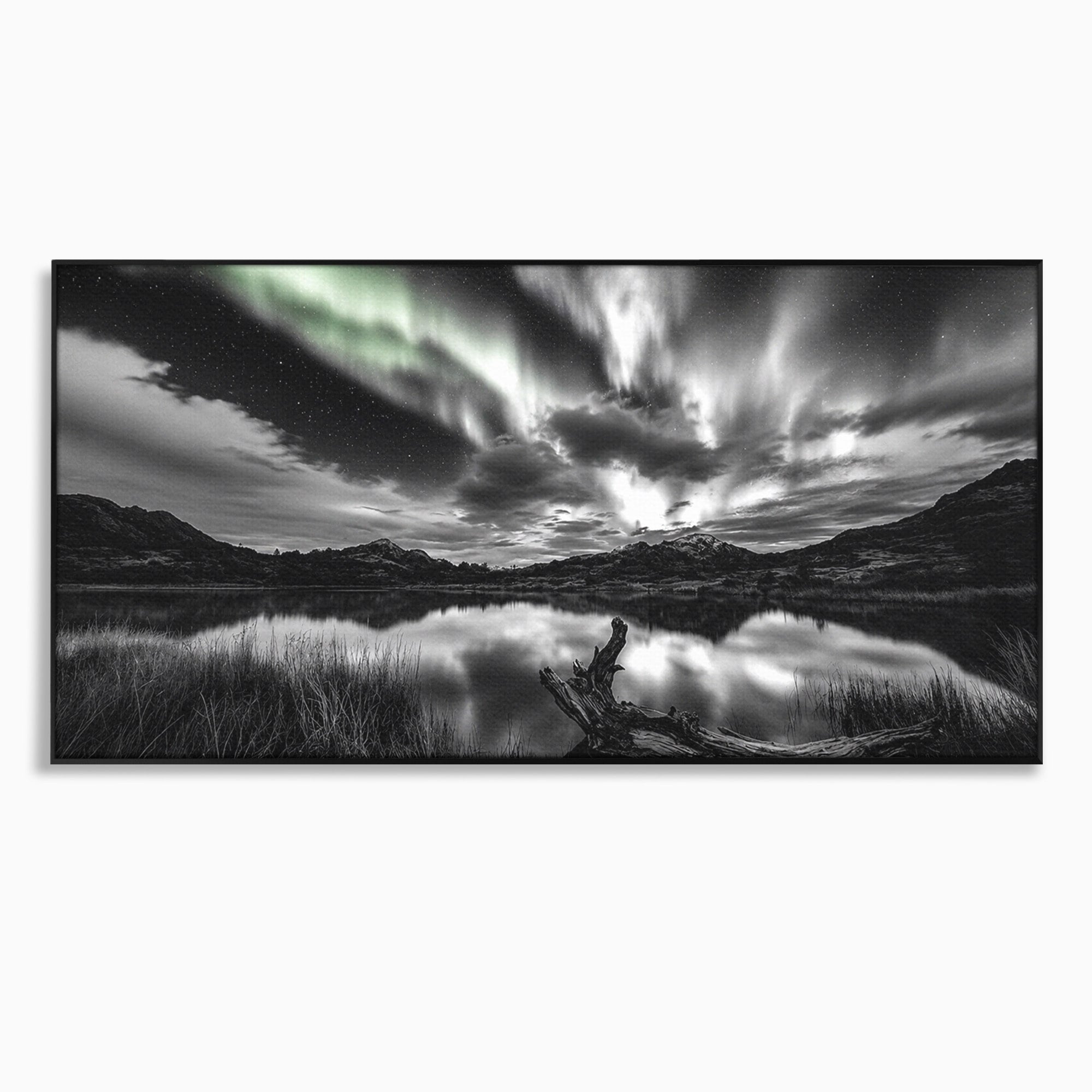 Tablou Canvas Premium LuxCanva® A1703, Aurora Boreala Monocromatica, Aurora Boreala, Peisaj, Noapte, Reflectie, Dormitor, Culori Vibrante