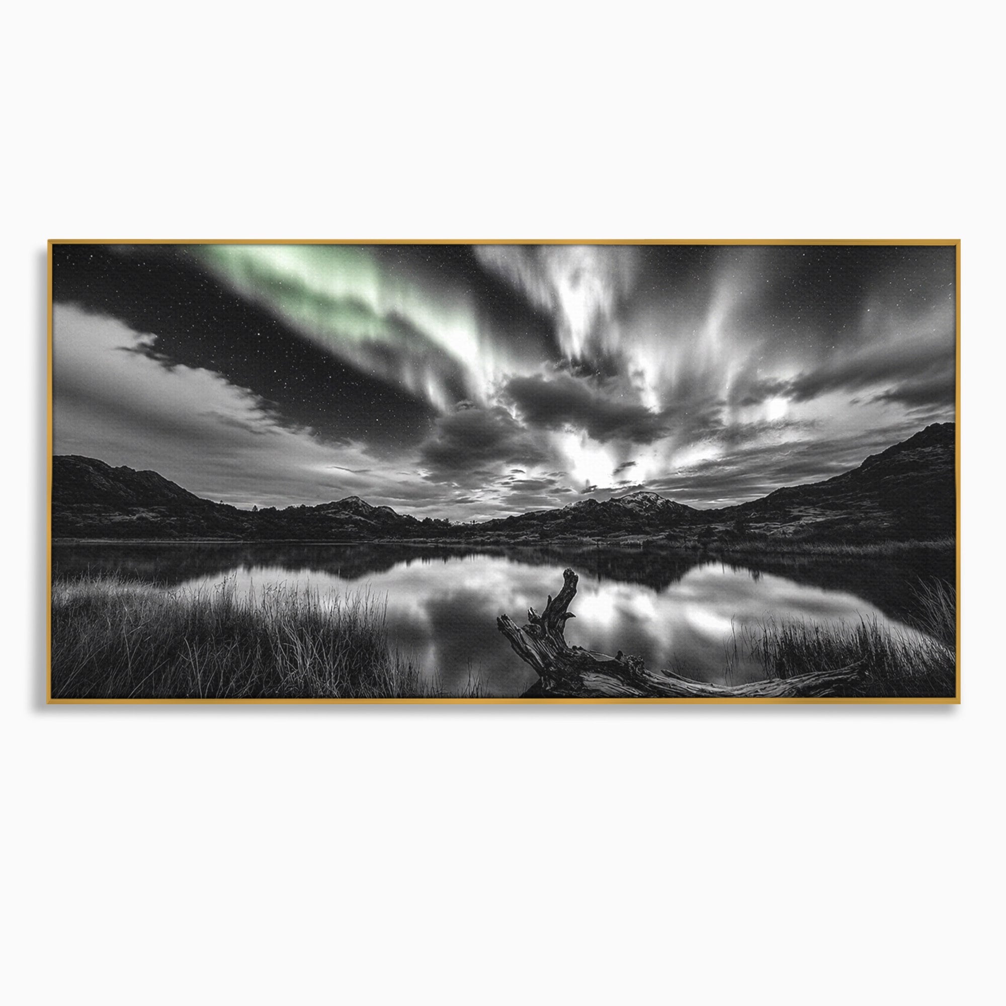 Tablou Canvas Premium LuxCanva® A1703, Aurora Boreala Monocromatica, Aurora Boreala, Peisaj, Noapte, Reflectie, Dormitor, Culori Vibrante