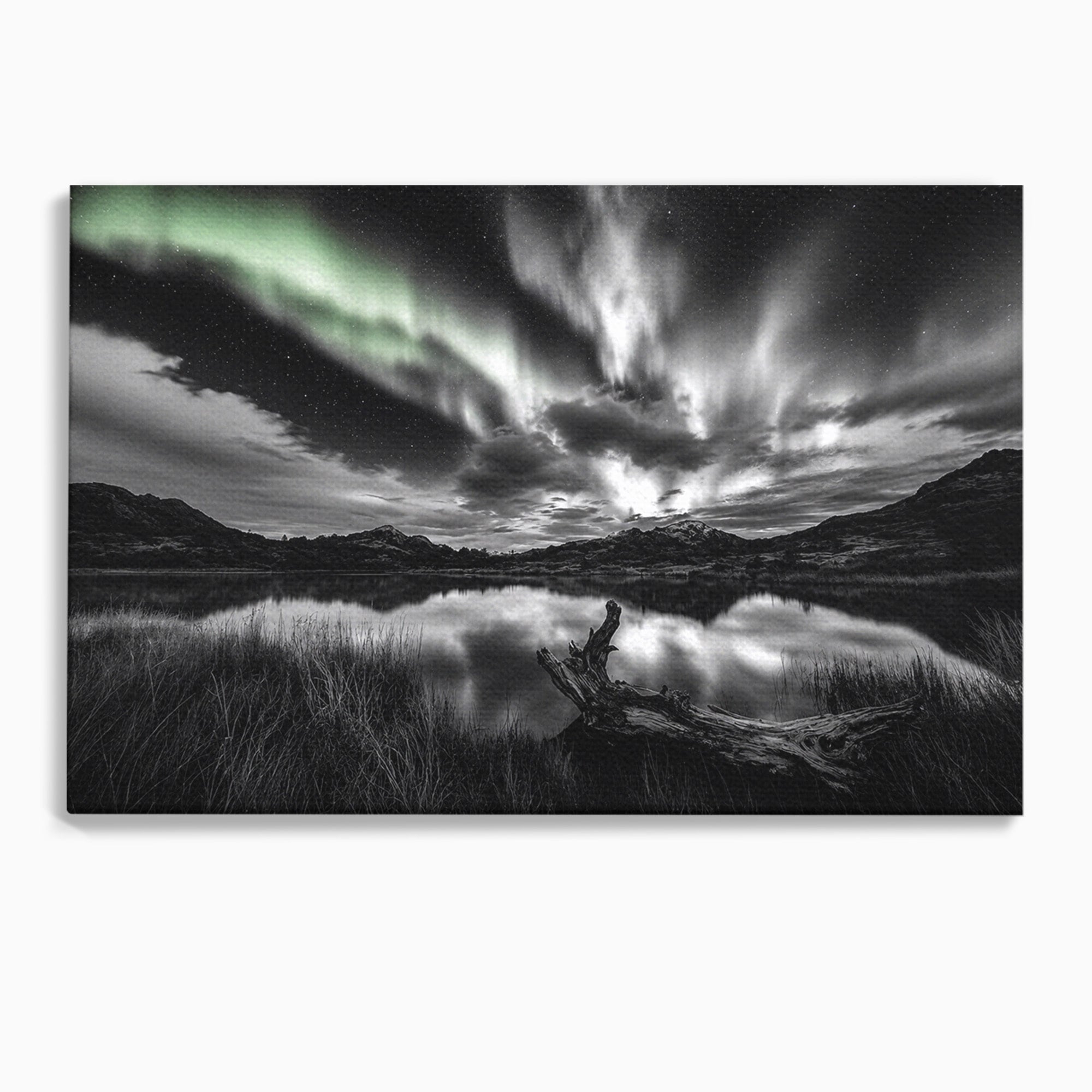 Tablou Canvas Premium LuxCanva® A1703, Aurora Boreala Monocromatica, Aurora Boreala, Peisaj, Noapte, Reflectie, Dormitor, Culori Vibrante