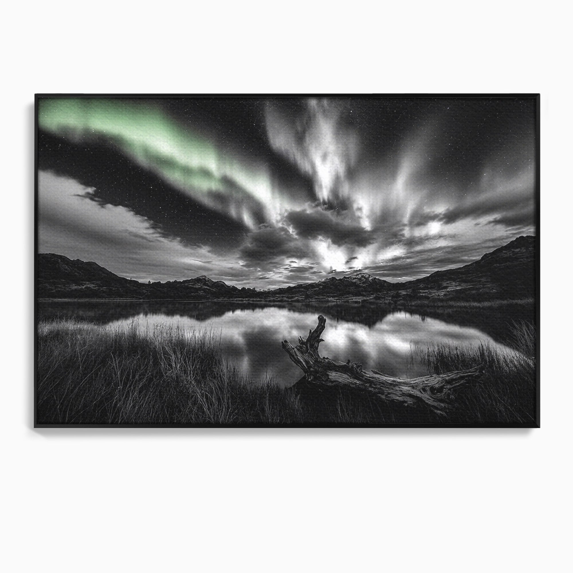 Tablou Canvas Premium LuxCanva® A1703, Aurora Boreala Monocromatica, Aurora Boreala, Peisaj, Noapte, Reflectie, Dormitor, Culori Vibrante