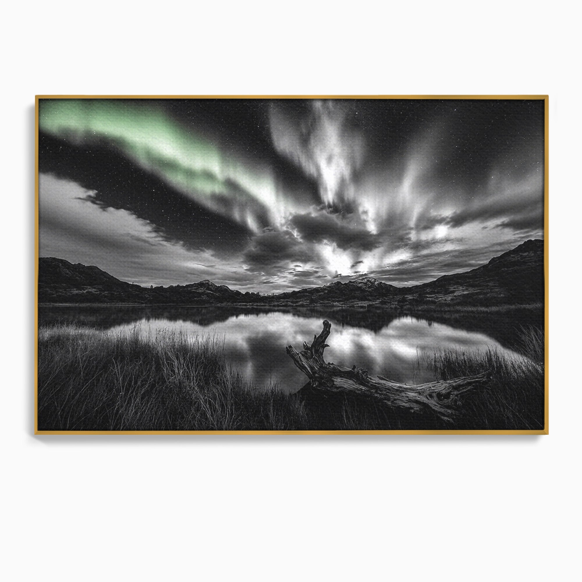 Tablou Canvas Premium LuxCanva® A1703, Aurora Boreala Monocromatica, Aurora Boreala, Peisaj, Noapte, Reflectie, Dormitor, Culori Vibrante