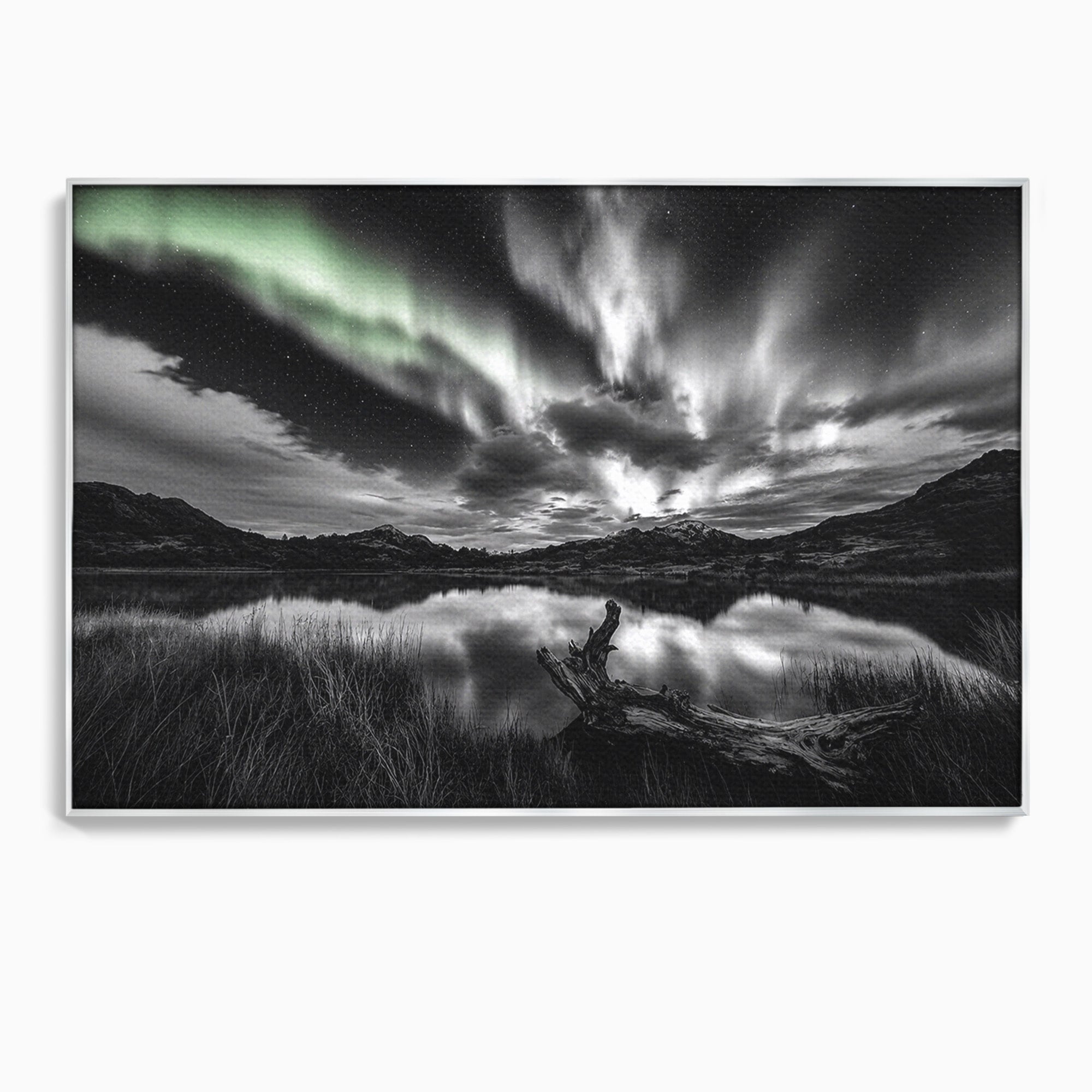 Tablou Canvas Premium LuxCanva® A1703, Aurora Boreala Monocromatica, Aurora Boreala, Peisaj, Noapte, Reflectie, Dormitor, Culori Vibrante