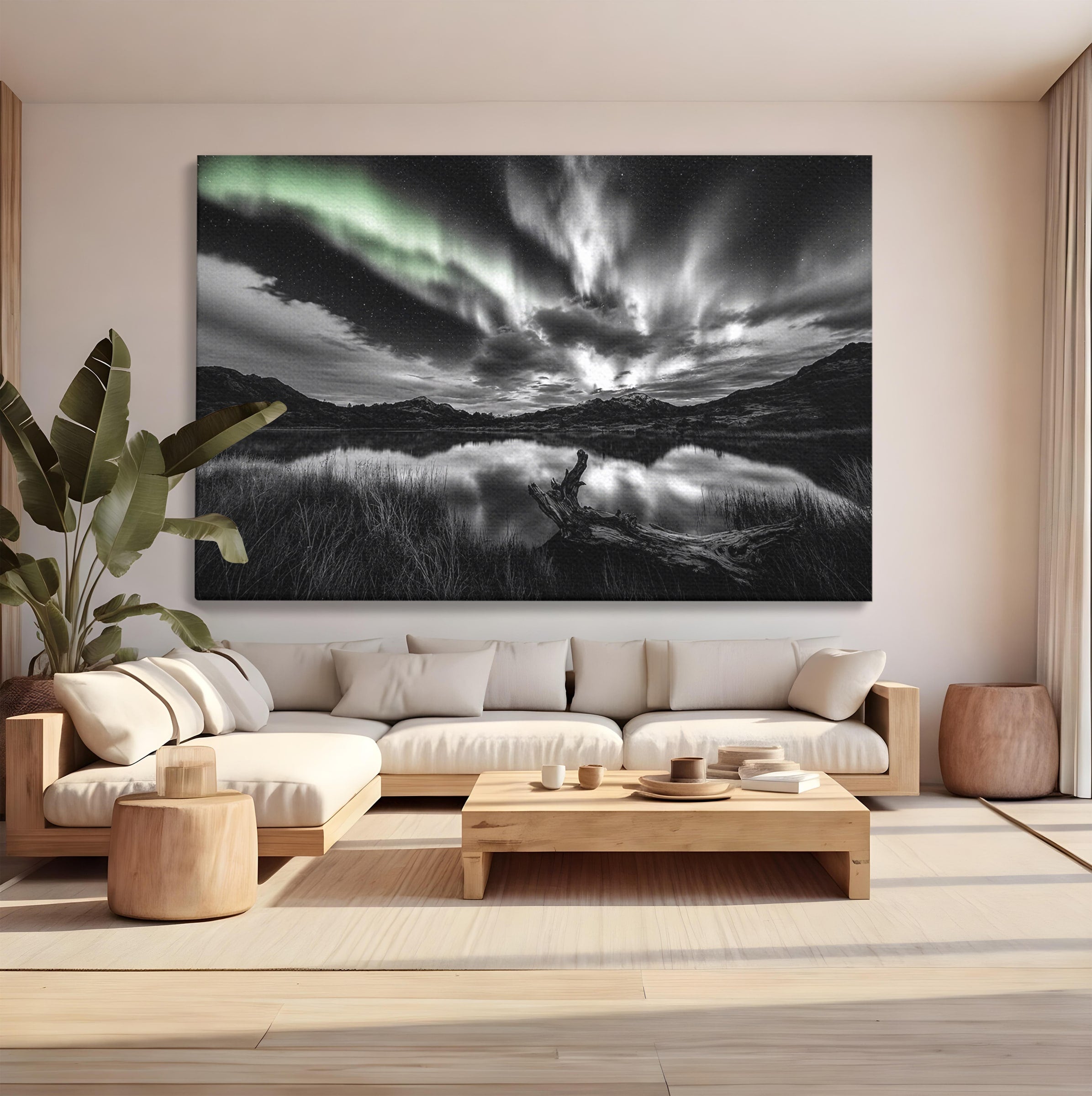 Tablou Canvas Premium LuxCanva® A1703, Aurora Boreala Monocromatica, Aurora Boreala, Peisaj, Noapte, Reflectie, Dormitor, Culori Vibrante