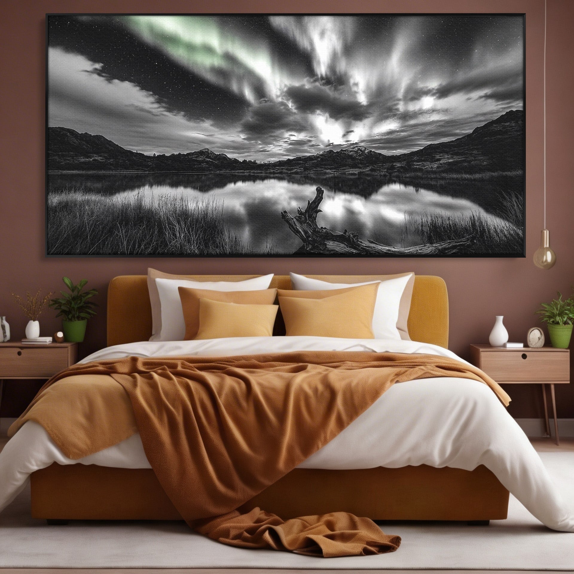 Tablou Canvas Premium LuxCanva® A1703, Aurora Boreala Monocromatica, Aurora Boreala, Peisaj, Noapte, Reflectie, Dormitor, Culori Vibrante