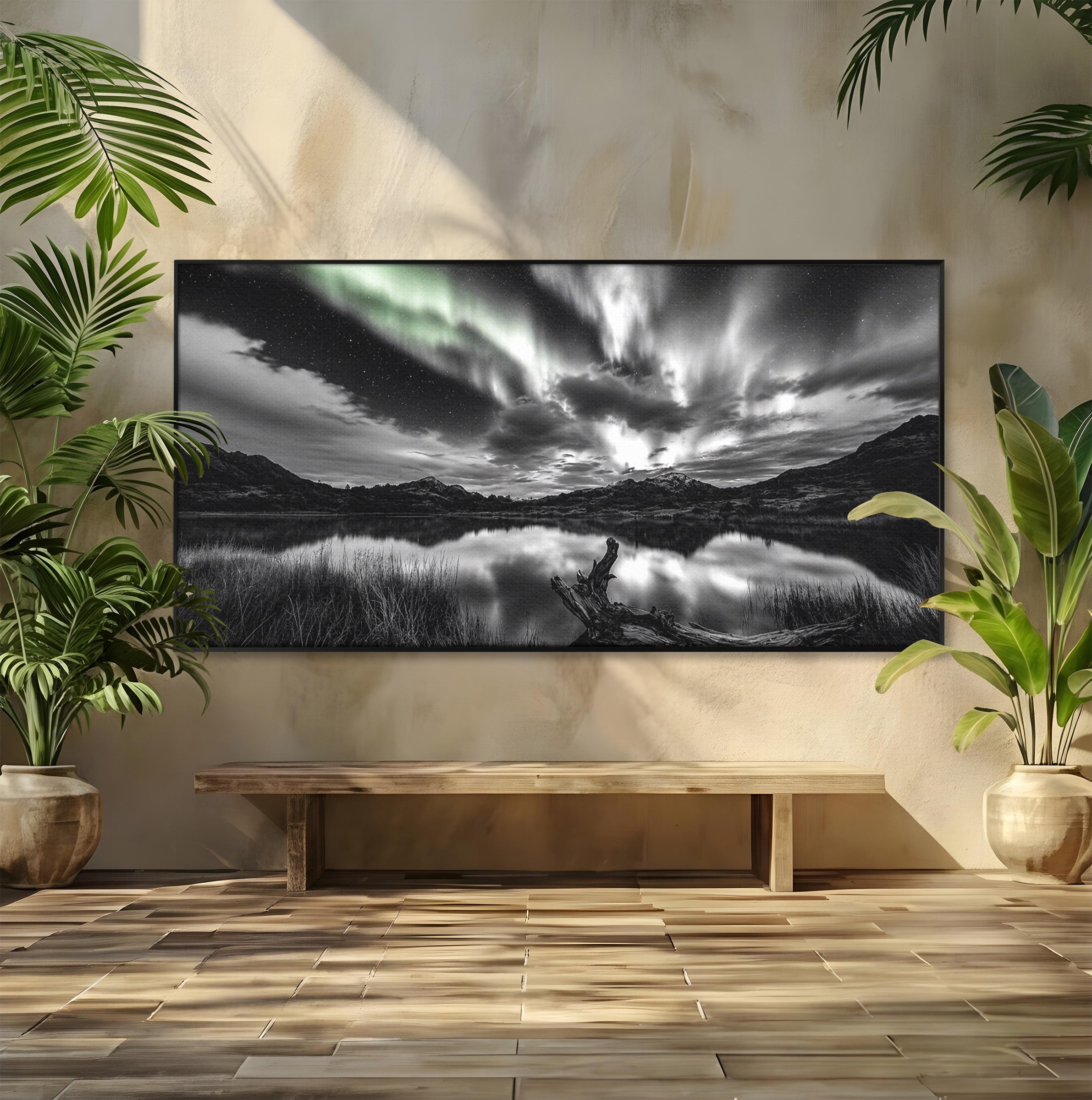 Tablou Canvas Premium LuxCanva® A1703, Aurora Boreala Monocromatica, Aurora Boreala, Peisaj, Noapte, Reflectie, Dormitor, Culori Vibrante
