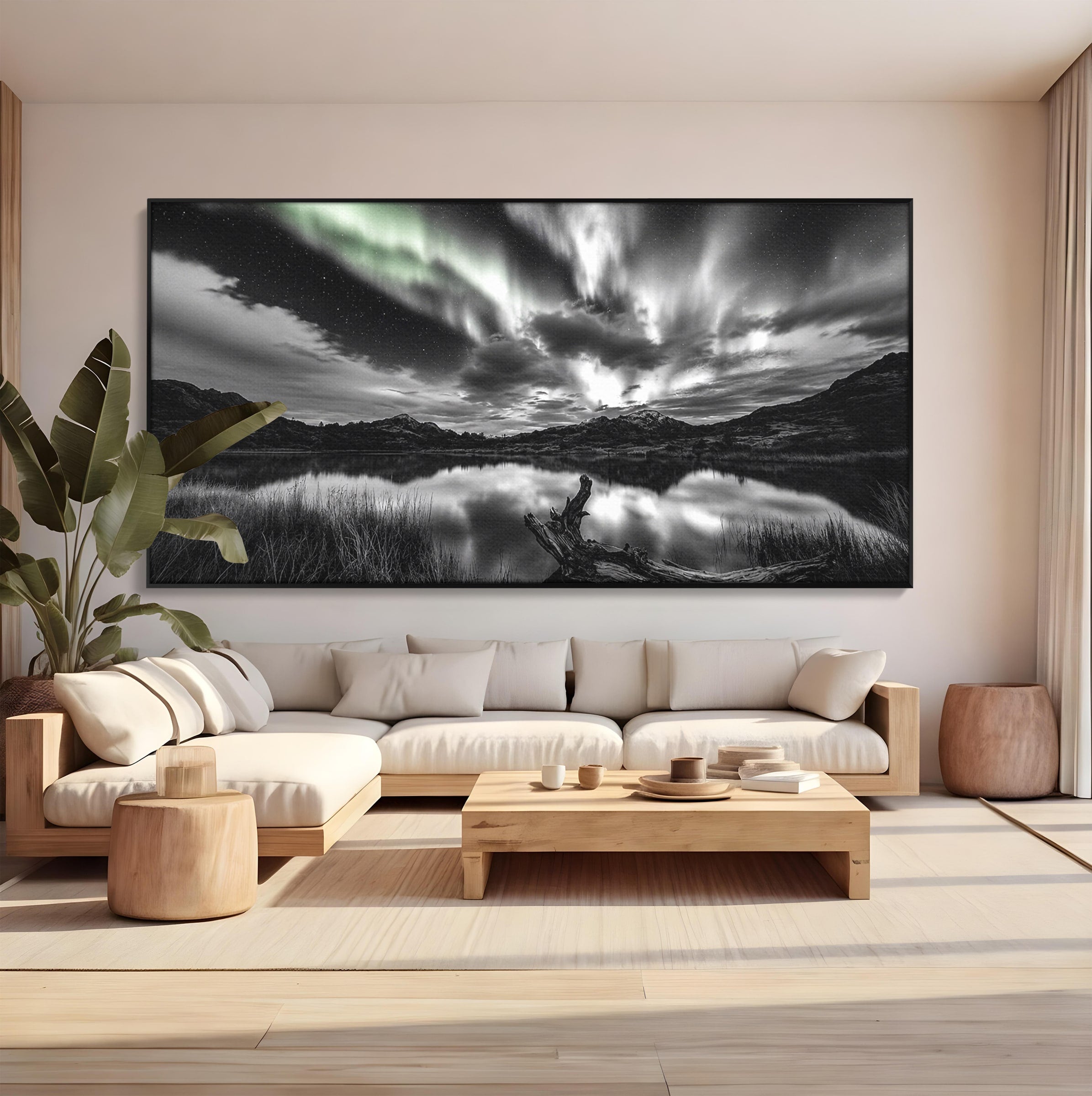 Tablou Canvas Premium LuxCanva® A1703, Aurora Boreala Monocromatica, Aurora Boreala, Peisaj, Noapte, Reflectie, Dormitor, Culori Vibrante