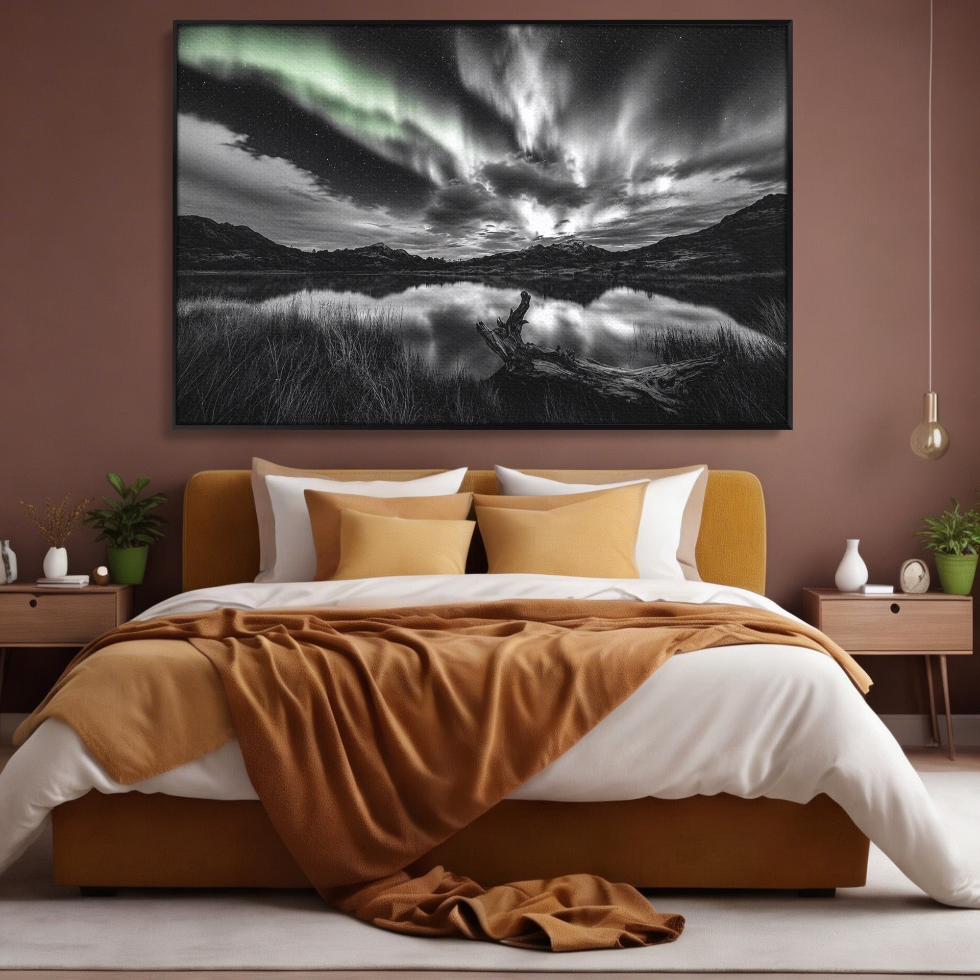 Tablou Canvas Premium LuxCanva® A1703, Aurora Boreala Monocromatica, Aurora Boreala, Peisaj, Noapte, Reflectie, Dormitor, Culori Vibrante