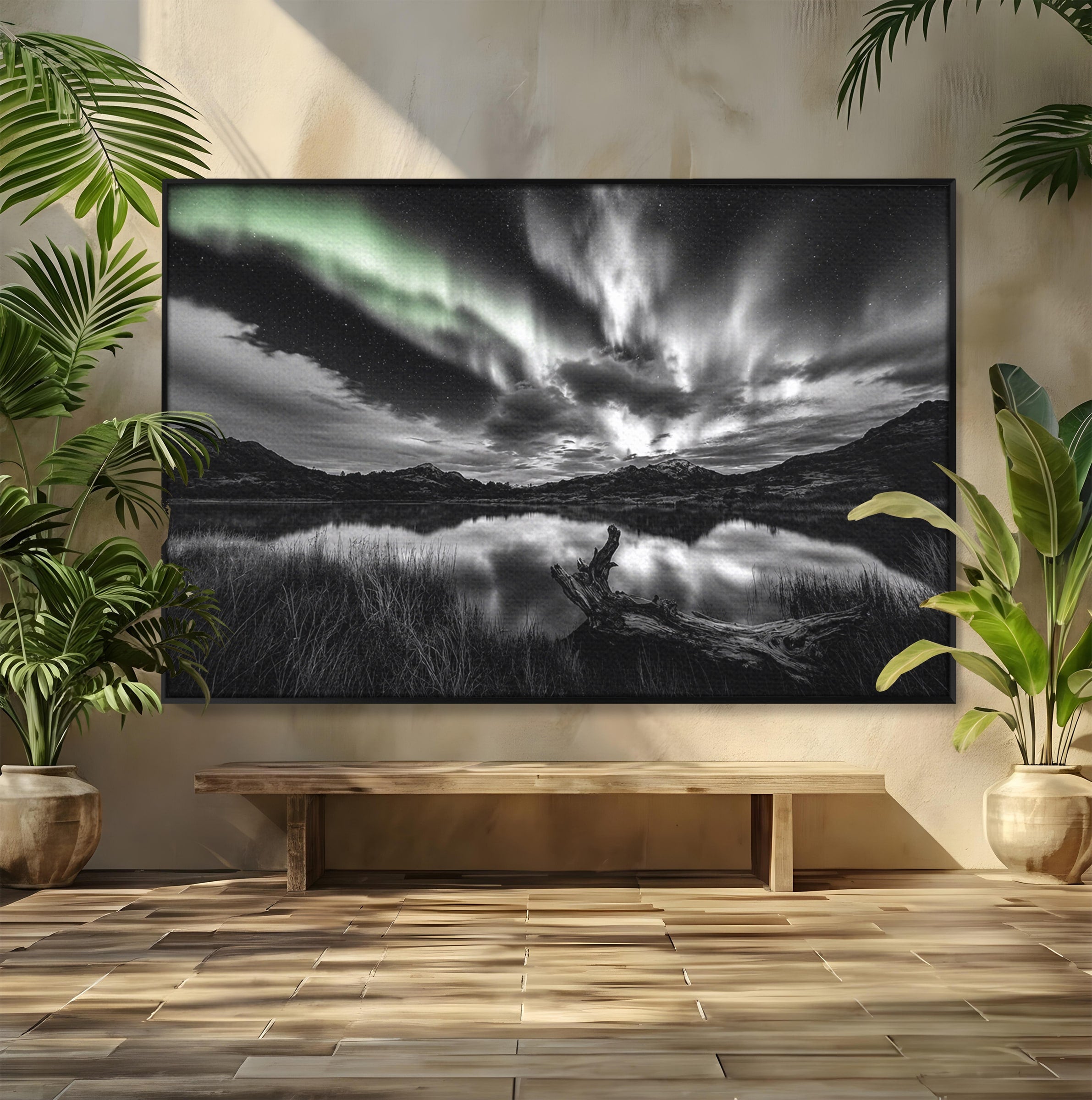 Tablou Canvas Premium LuxCanva® A1703, Aurora Boreala Monocromatica, Aurora Boreala, Peisaj, Noapte, Reflectie, Dormitor, Culori Vibrante
