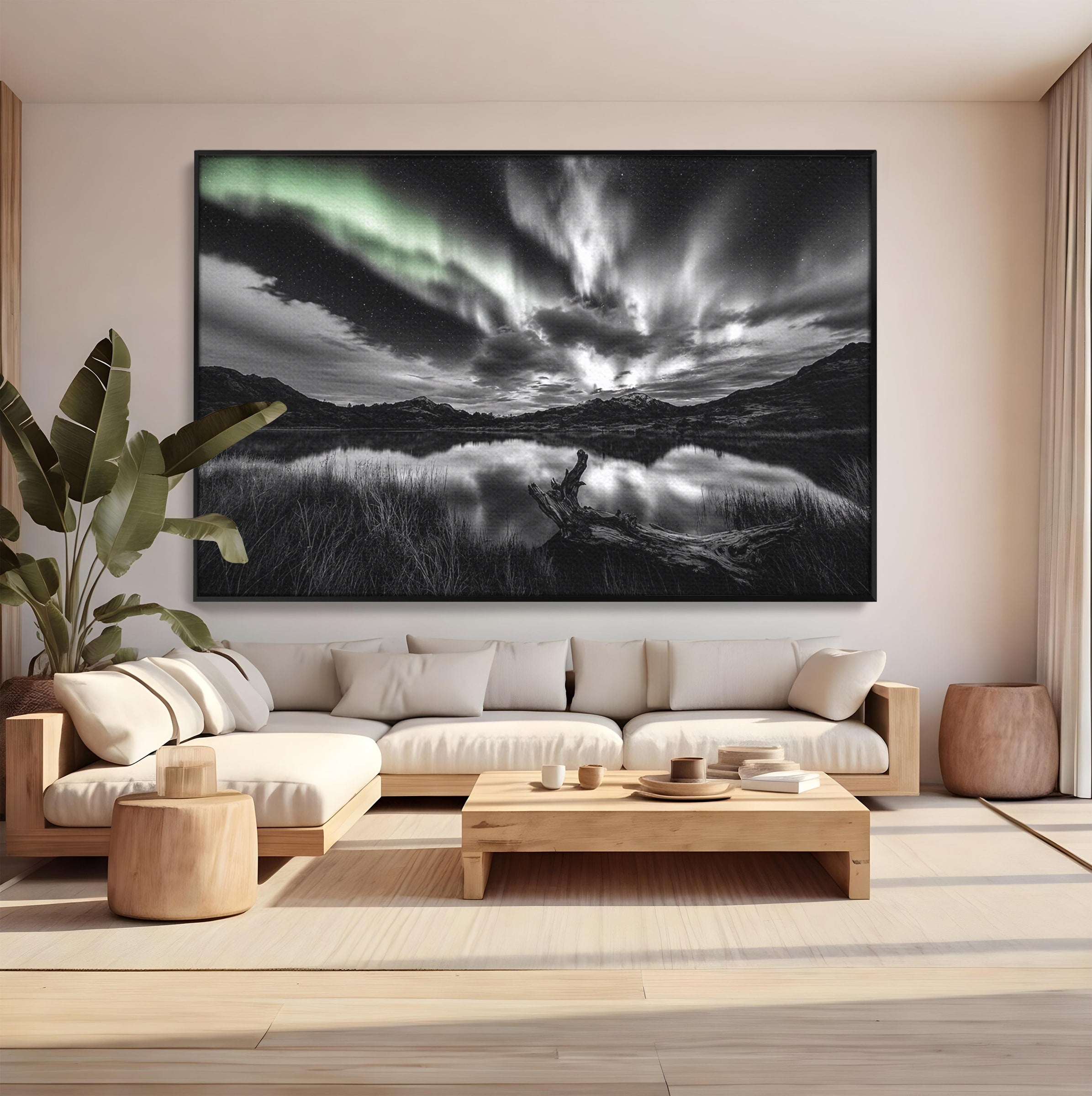 Tablou Canvas Premium LuxCanva® A1703, Aurora Boreala Monocromatica, Aurora Boreala, Peisaj, Noapte, Reflectie, Dormitor, Culori Vibrante