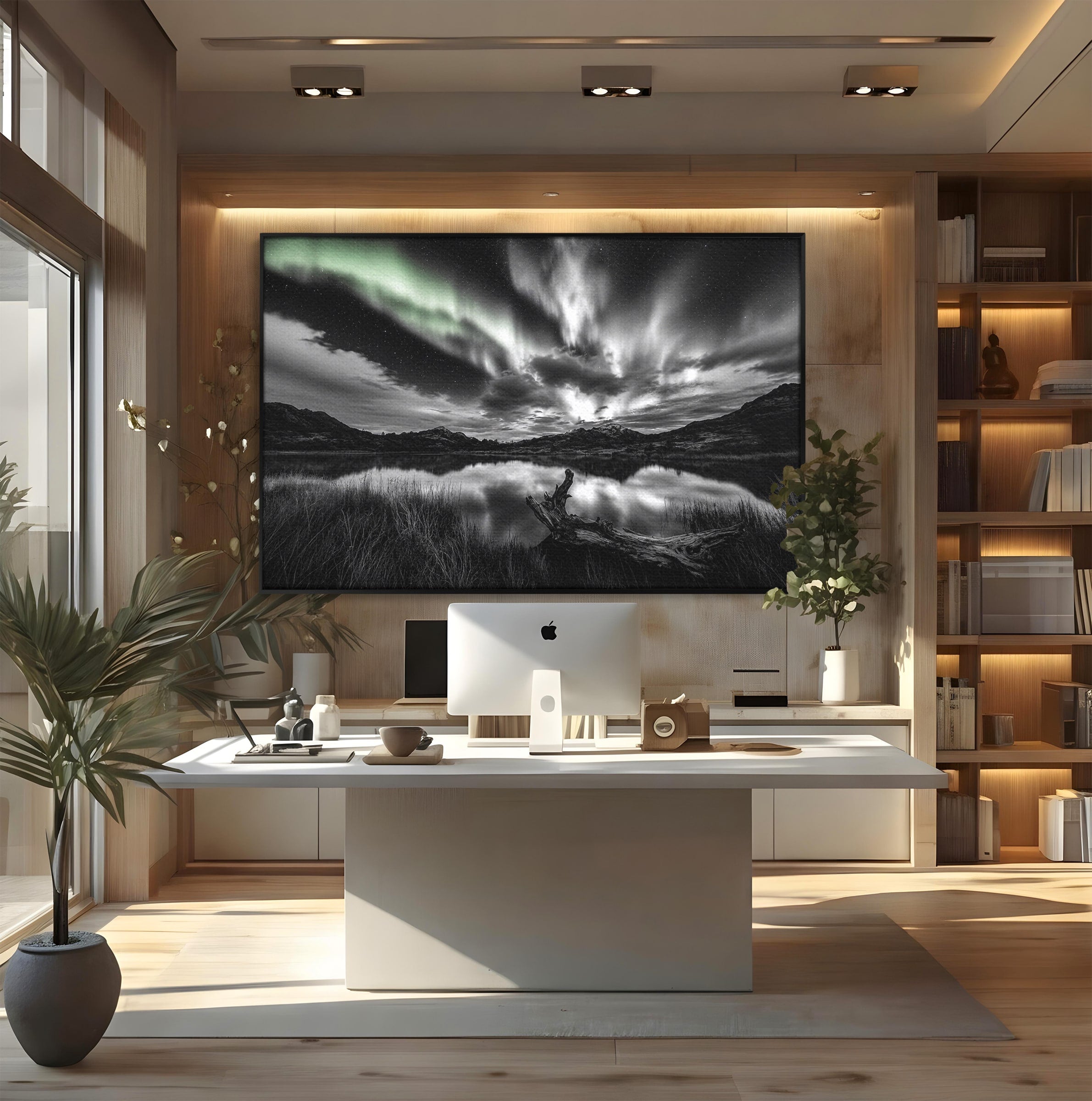 Tablou Canvas Premium LuxCanva® A1703, Aurora Boreala Monocromatica, Aurora Boreala, Peisaj, Noapte, Reflectie, Dormitor, Culori Vibrante