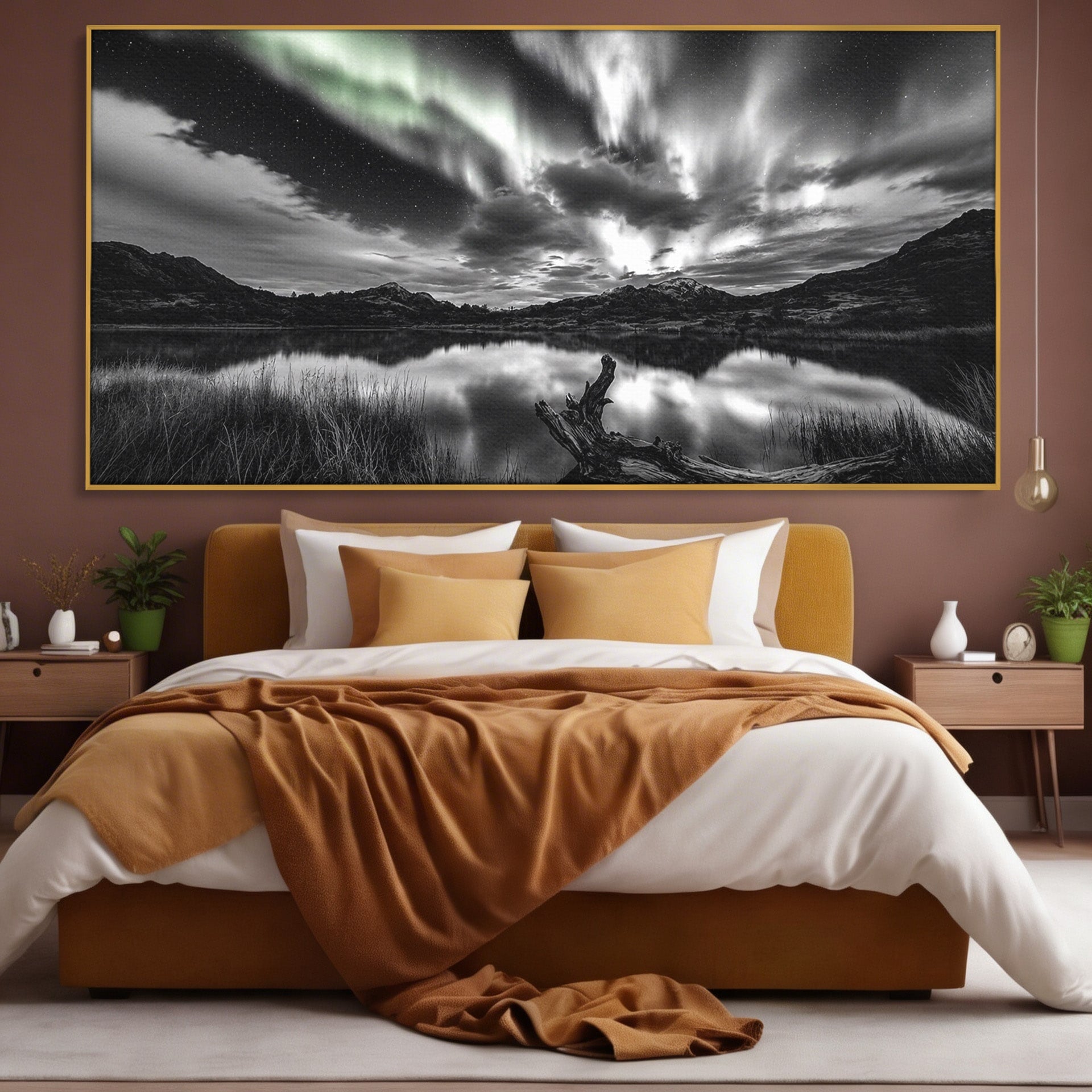 Tablou Canvas Premium LuxCanva® A1703, Aurora Boreala Monocromatica, Aurora Boreala, Peisaj, Noapte, Reflectie, Dormitor, Culori Vibrante