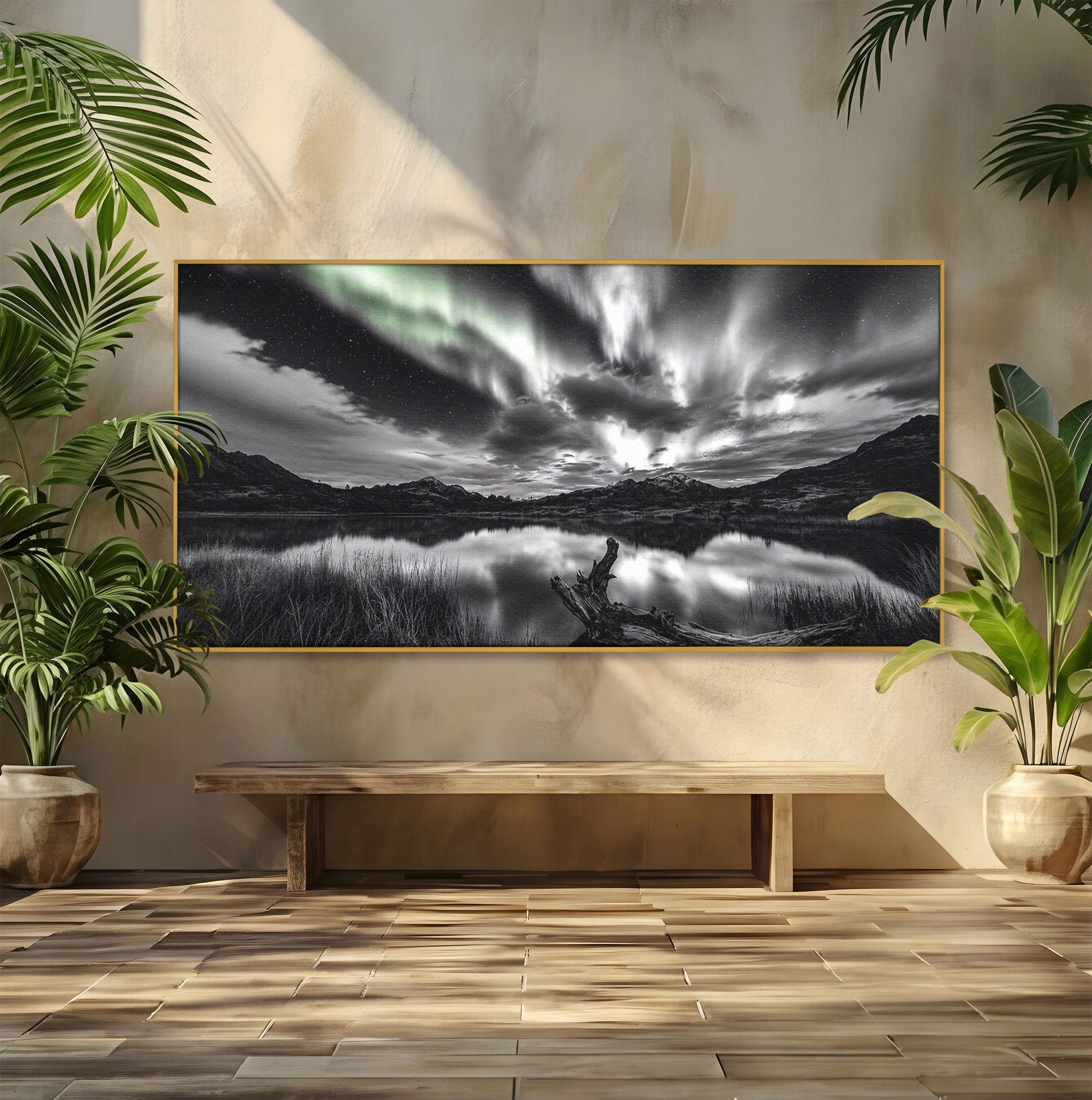 Tablou Canvas Premium LuxCanva® A1703, Aurora Boreala Monocromatica, Aurora Boreala, Peisaj, Noapte, Reflectie, Dormitor, Culori Vibrante