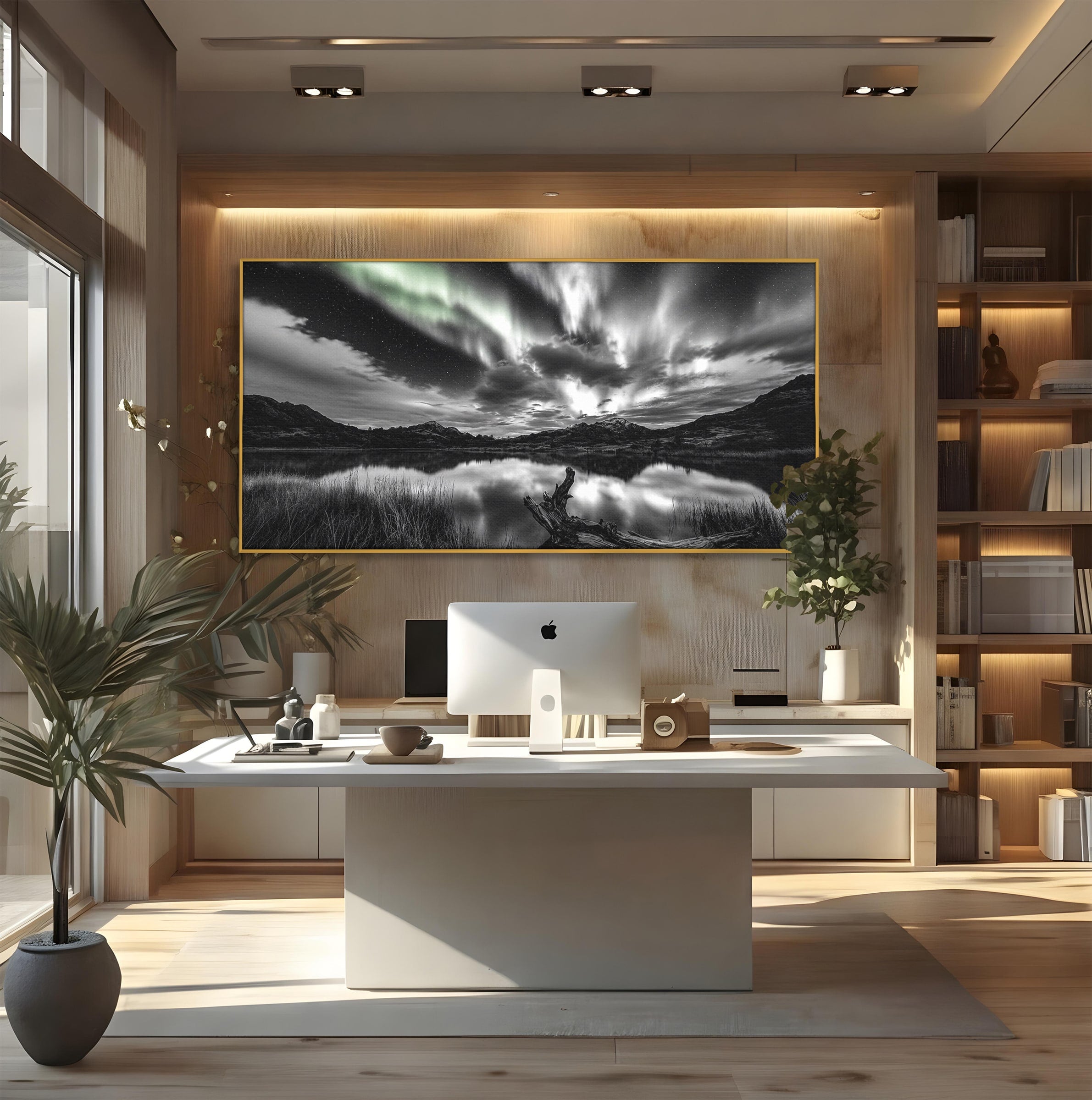 Tablou Canvas Premium LuxCanva® A1703, Aurora Boreala Monocromatica, Aurora Boreala, Peisaj, Noapte, Reflectie, Dormitor, Culori Vibrante