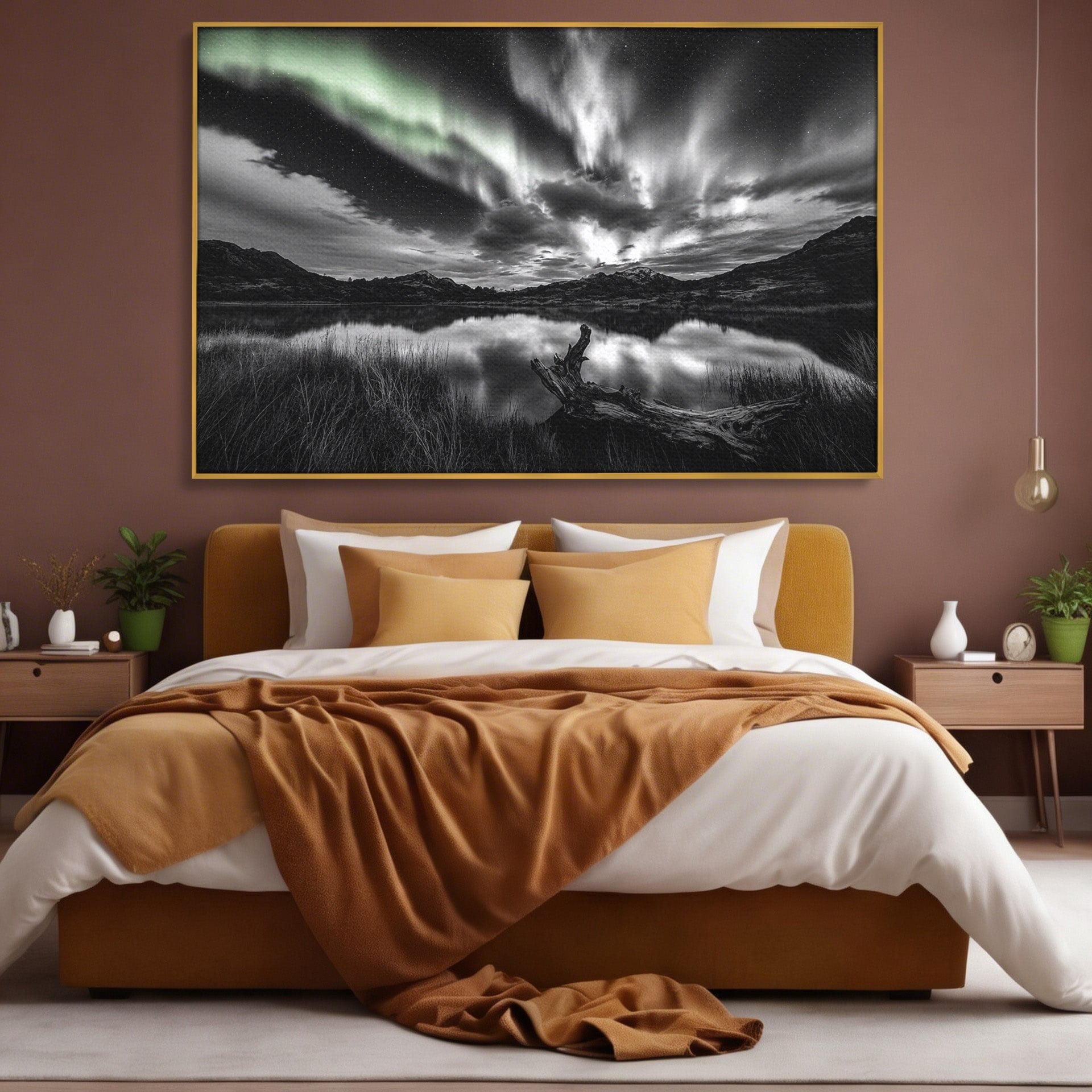 Tablou Canvas Premium LuxCanva® A1703, Aurora Boreala Monocromatica, Aurora Boreala, Peisaj, Noapte, Reflectie, Dormitor, Culori Vibrante