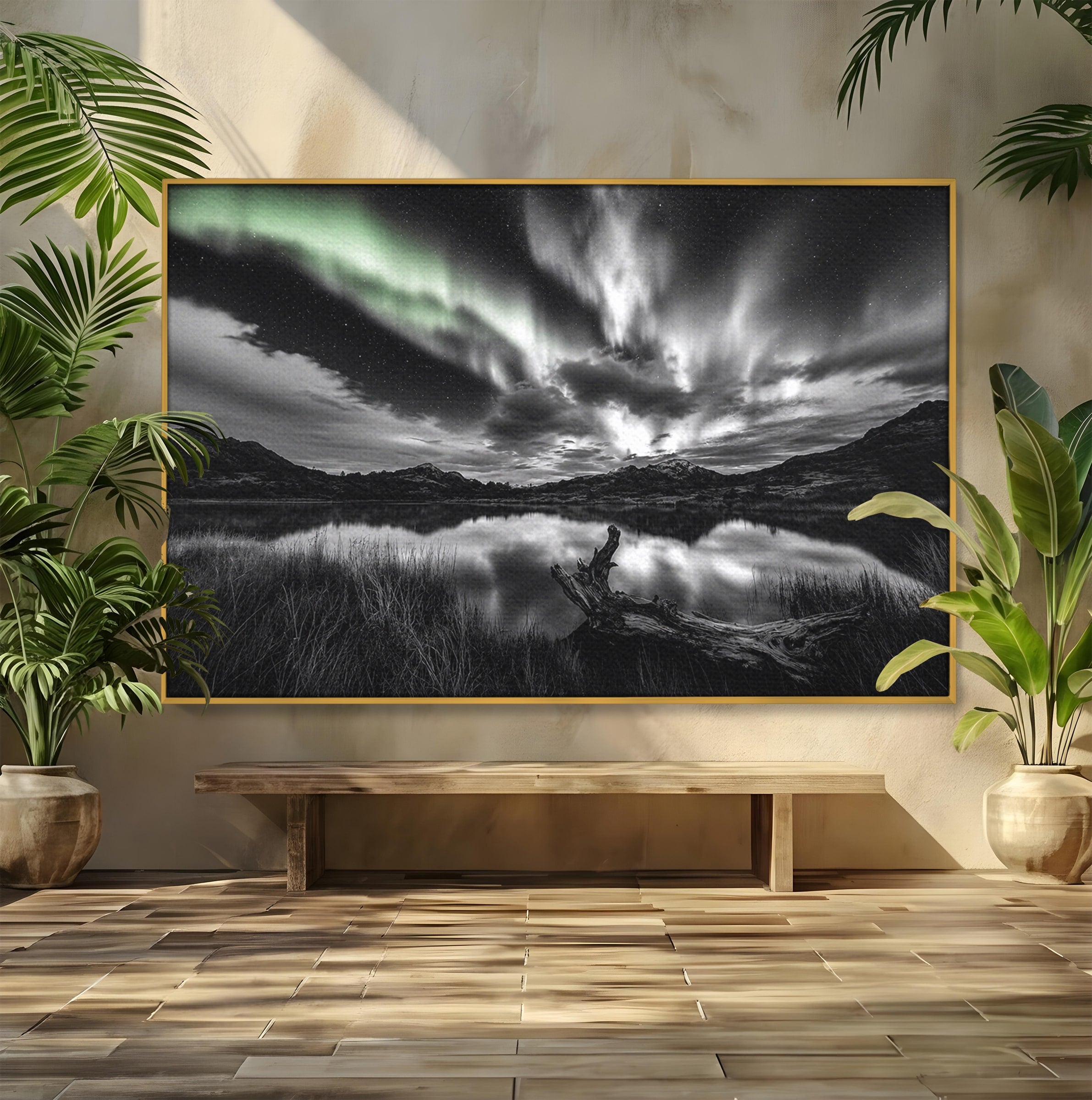 Tablou Canvas Premium LuxCanva® A1703, Aurora Boreala Monocromatica, Aurora Boreala, Peisaj, Noapte, Reflectie, Dormitor, Culori Vibrante