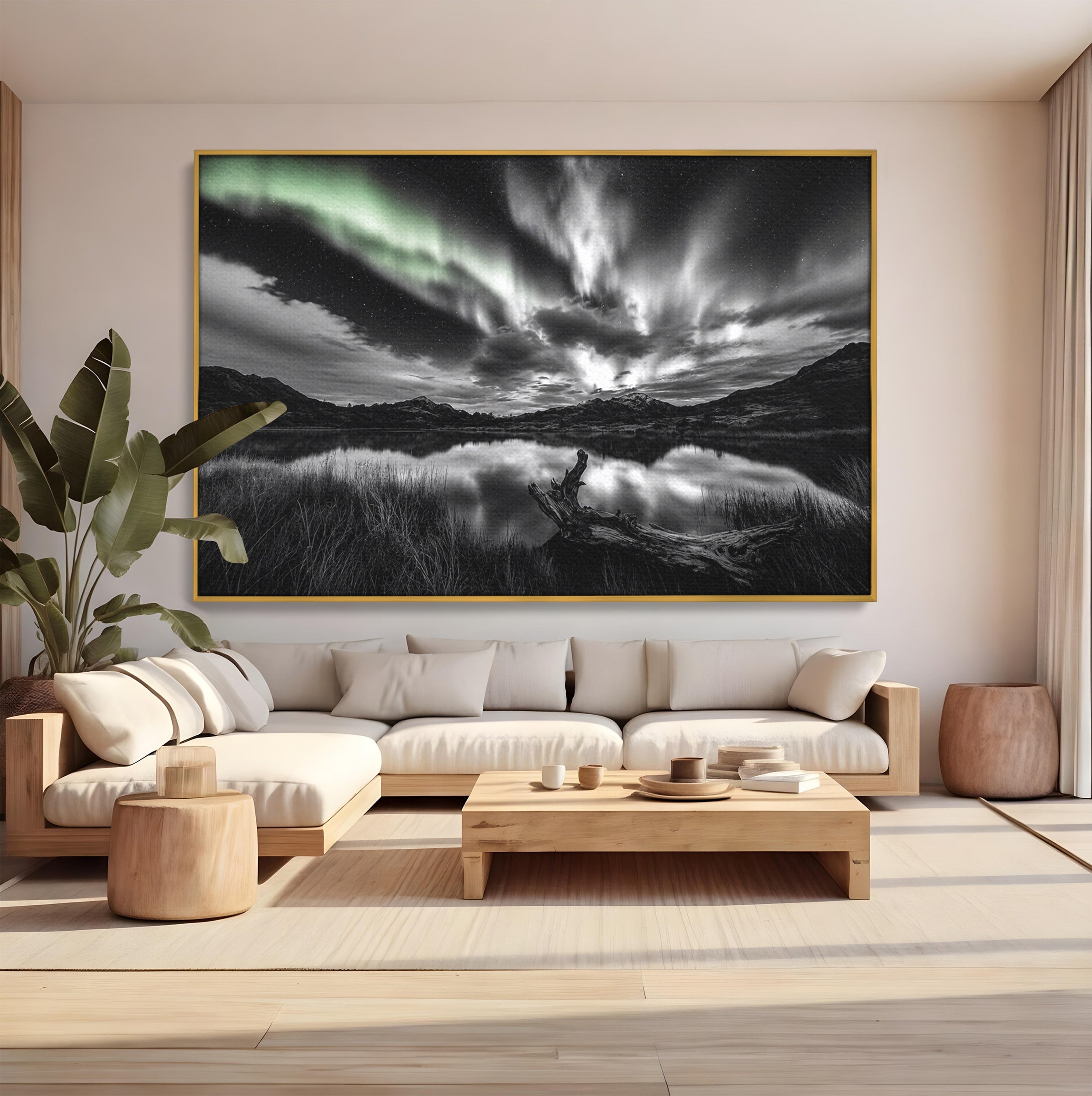Tablou Canvas Premium LuxCanva® A1703, Aurora Boreala Monocromatica, Aurora Boreala, Peisaj, Noapte, Reflectie, Dormitor, Culori Vibrante