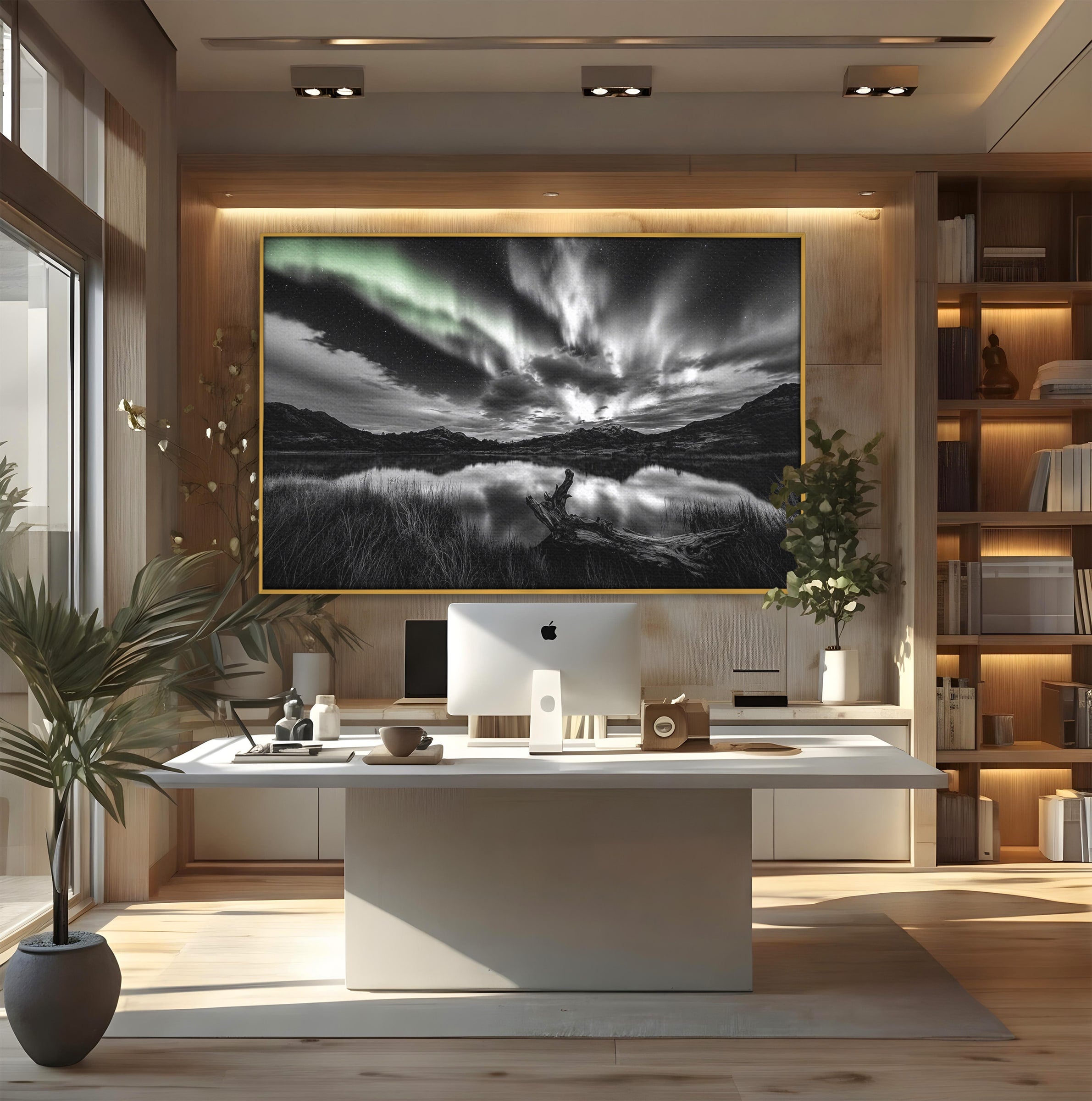 Tablou Canvas Premium LuxCanva® A1703, Aurora Boreala Monocromatica, Aurora Boreala, Peisaj, Noapte, Reflectie, Dormitor, Culori Vibrante