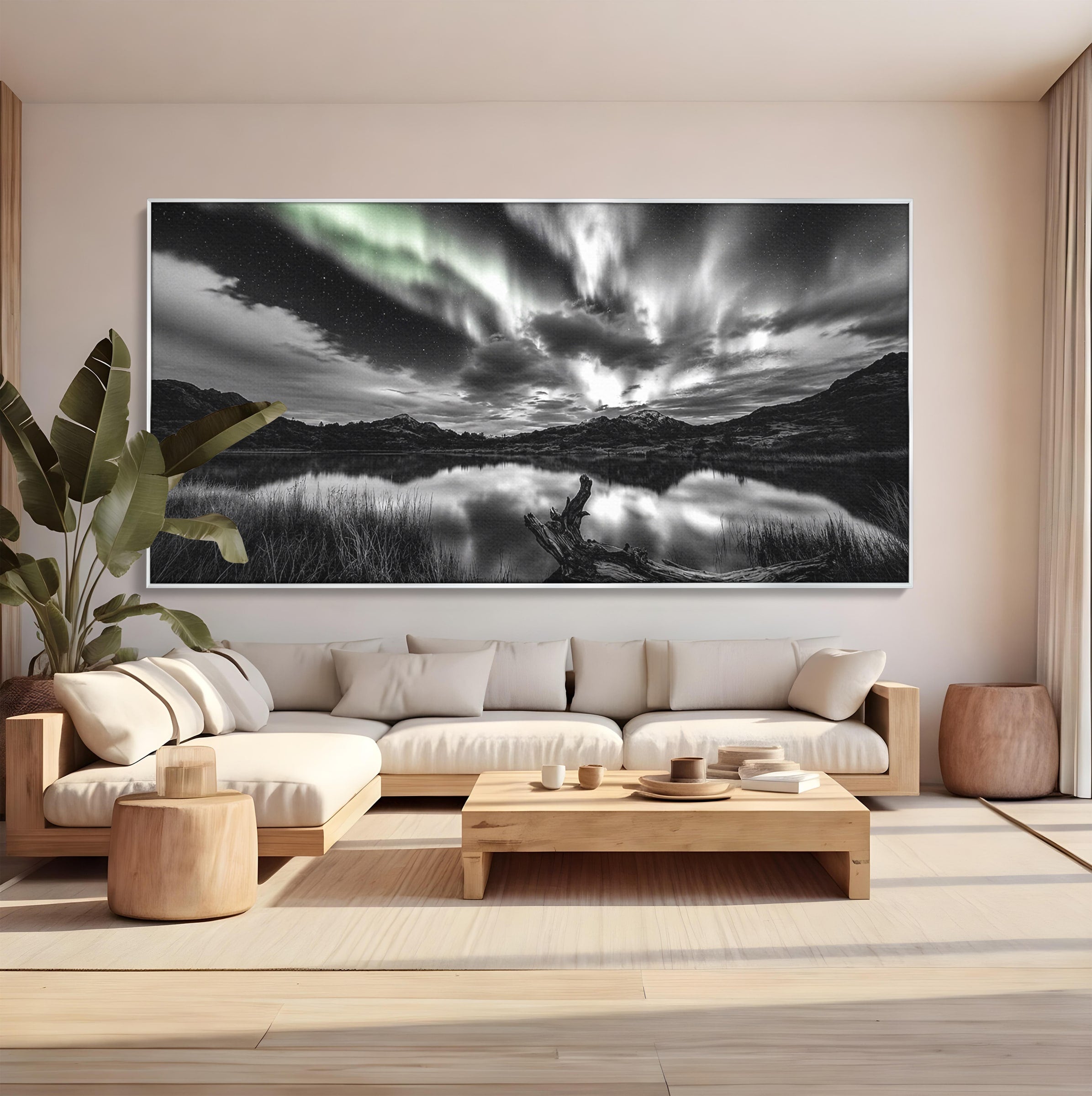 Tablou Canvas Premium LuxCanva® A1703, Aurora Boreala Monocromatica, Aurora Boreala, Peisaj, Noapte, Reflectie, Dormitor, Culori Vibrante