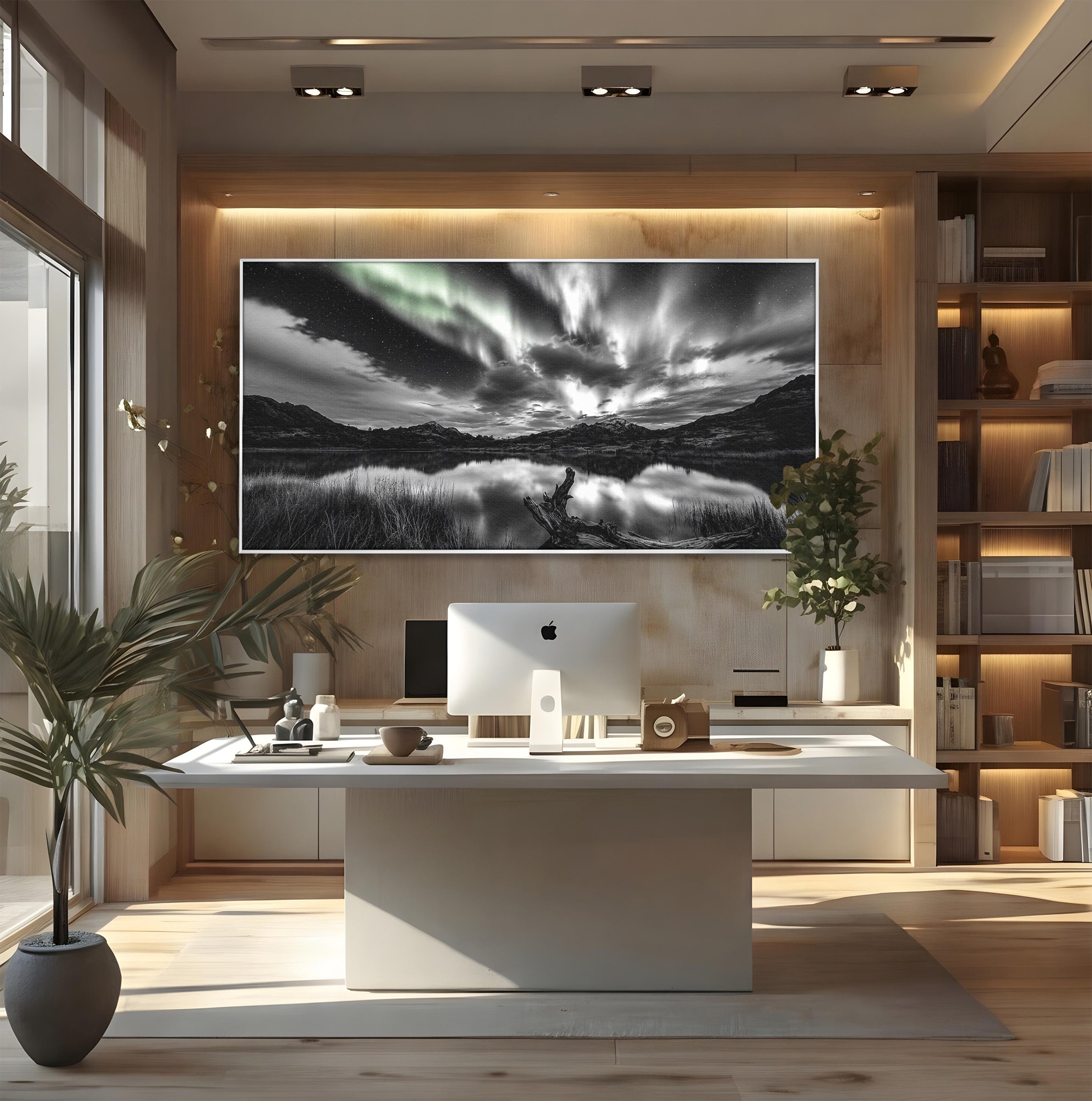 Tablou Canvas Premium LuxCanva® A1703, Aurora Boreala Monocromatica, Aurora Boreala, Peisaj, Noapte, Reflectie, Dormitor, Culori Vibrante