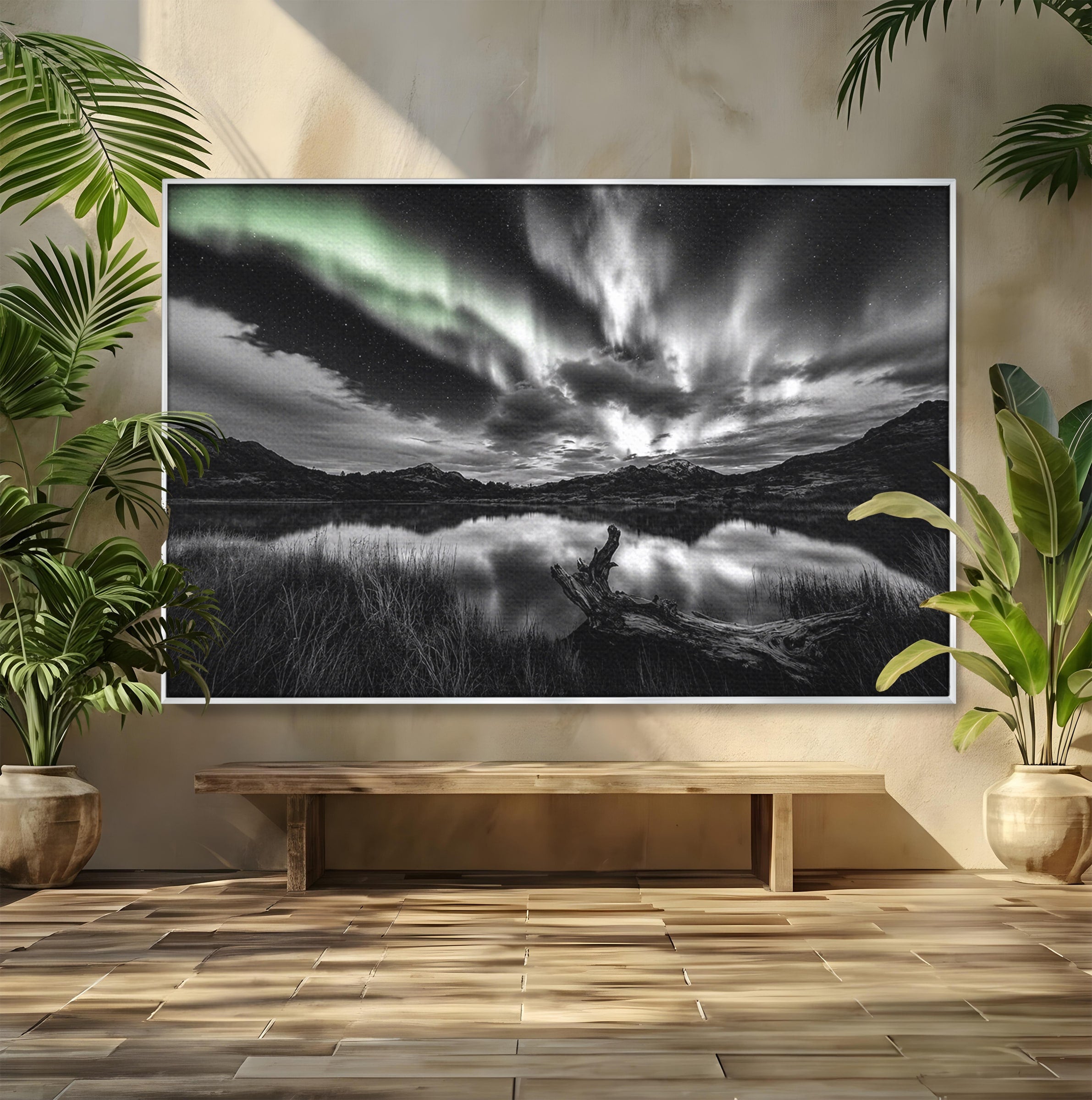 Tablou Canvas Premium LuxCanva® A1703, Aurora Boreala Monocromatica, Aurora Boreala, Peisaj, Noapte, Reflectie, Dormitor, Culori Vibrante