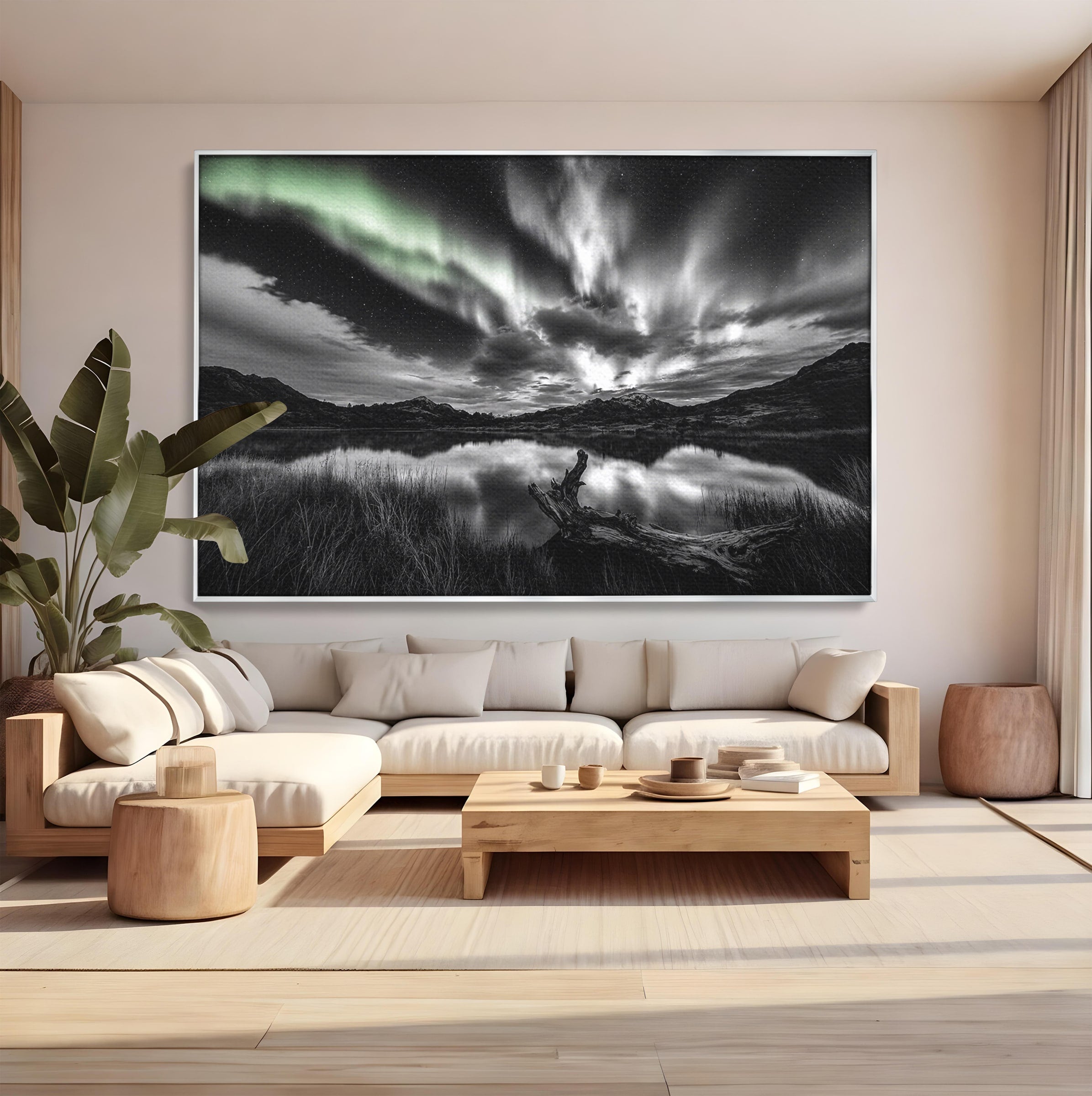 Tablou Canvas Premium LuxCanva® A1703, Aurora Boreala Monocromatica, Aurora Boreala, Peisaj, Noapte, Reflectie, Dormitor, Culori Vibrante