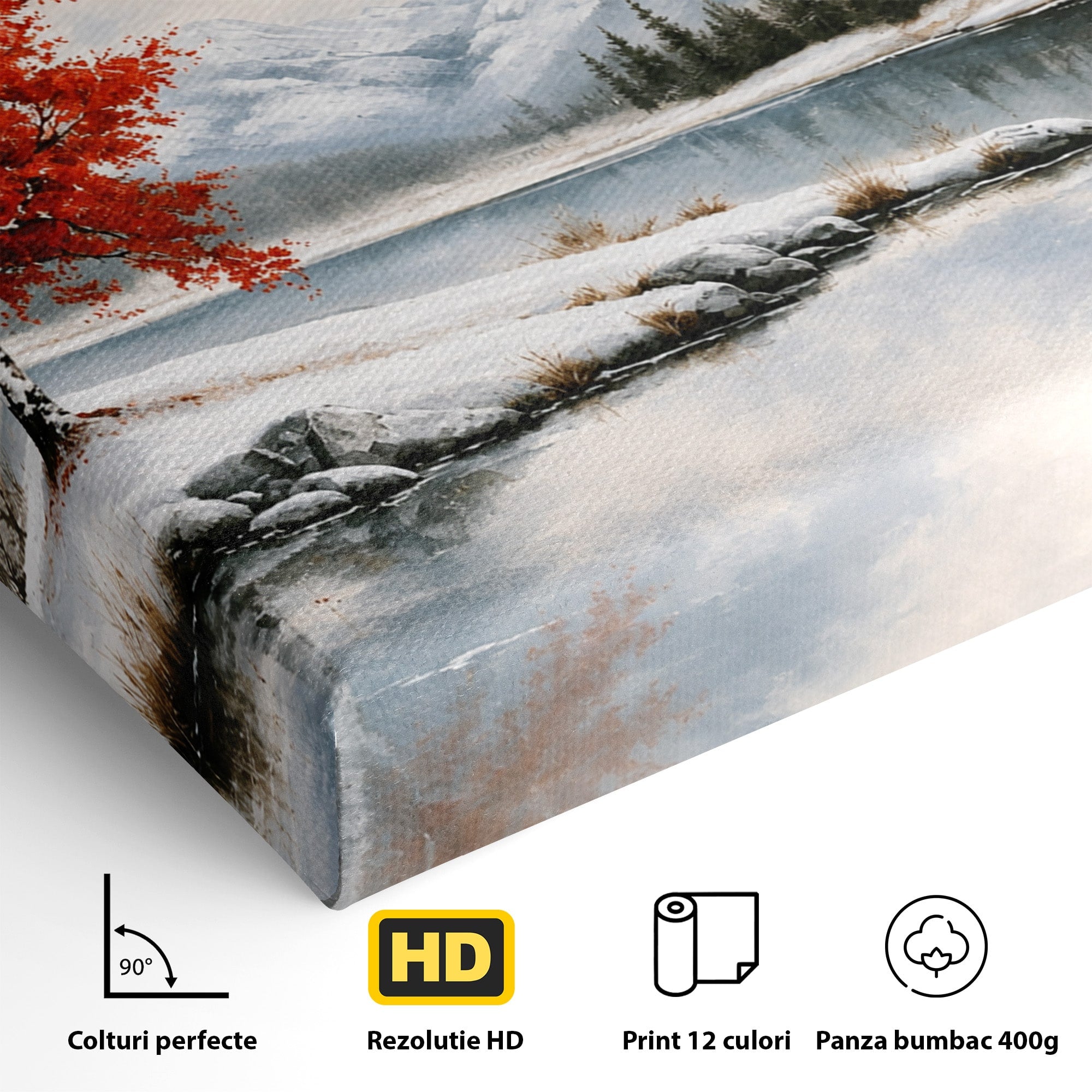 Tablou Canvas Premium LuxCanva® A1705, Peisaj De Iarna Cu Arbore Rosu, Peisaj, Iarna, Arbore, Lac, Natura, Living, Dormitor, Culori Vibrante