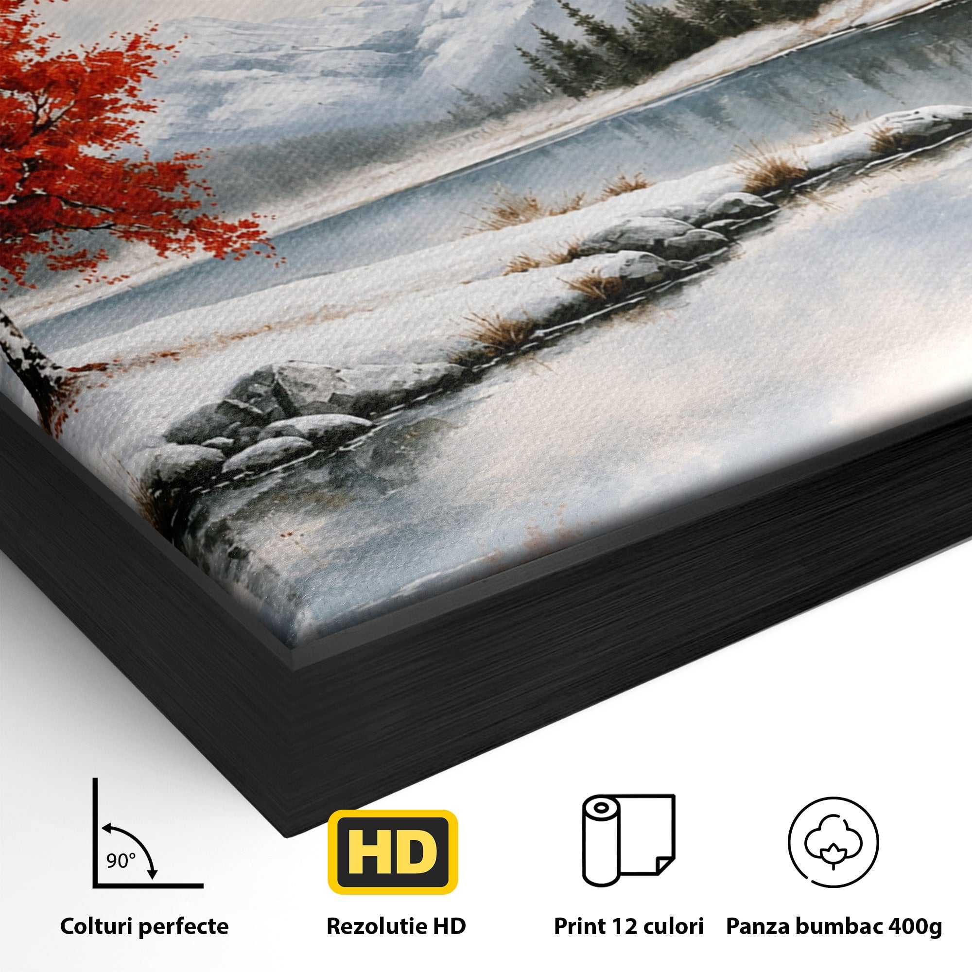 Tablou Canvas Premium LuxCanva® A1705, Peisaj De Iarna Cu Arbore Rosu, Peisaj, Iarna, Arbore, Lac, Natura, Living, Dormitor, Culori Vibrante