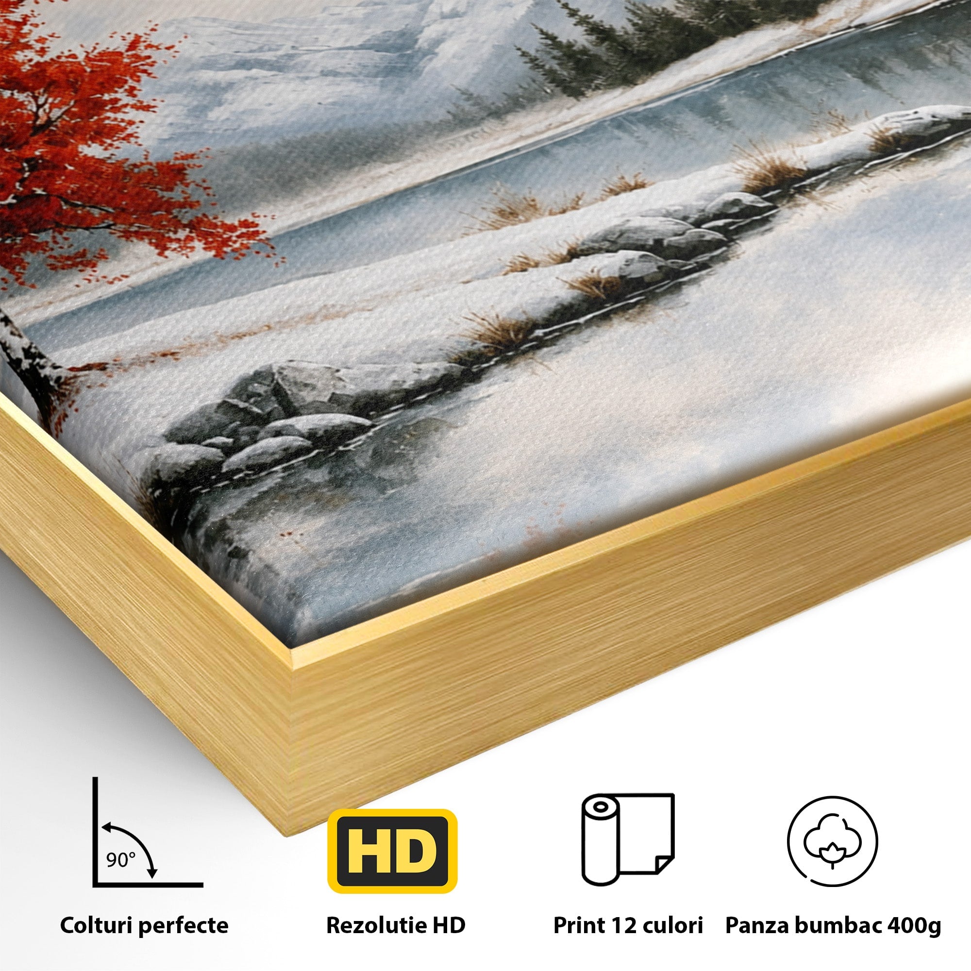 Tablou Canvas Premium LuxCanva® A1705, Peisaj De Iarna Cu Arbore Rosu, Peisaj, Iarna, Arbore, Lac, Natura, Living, Dormitor, Culori Vibrante
