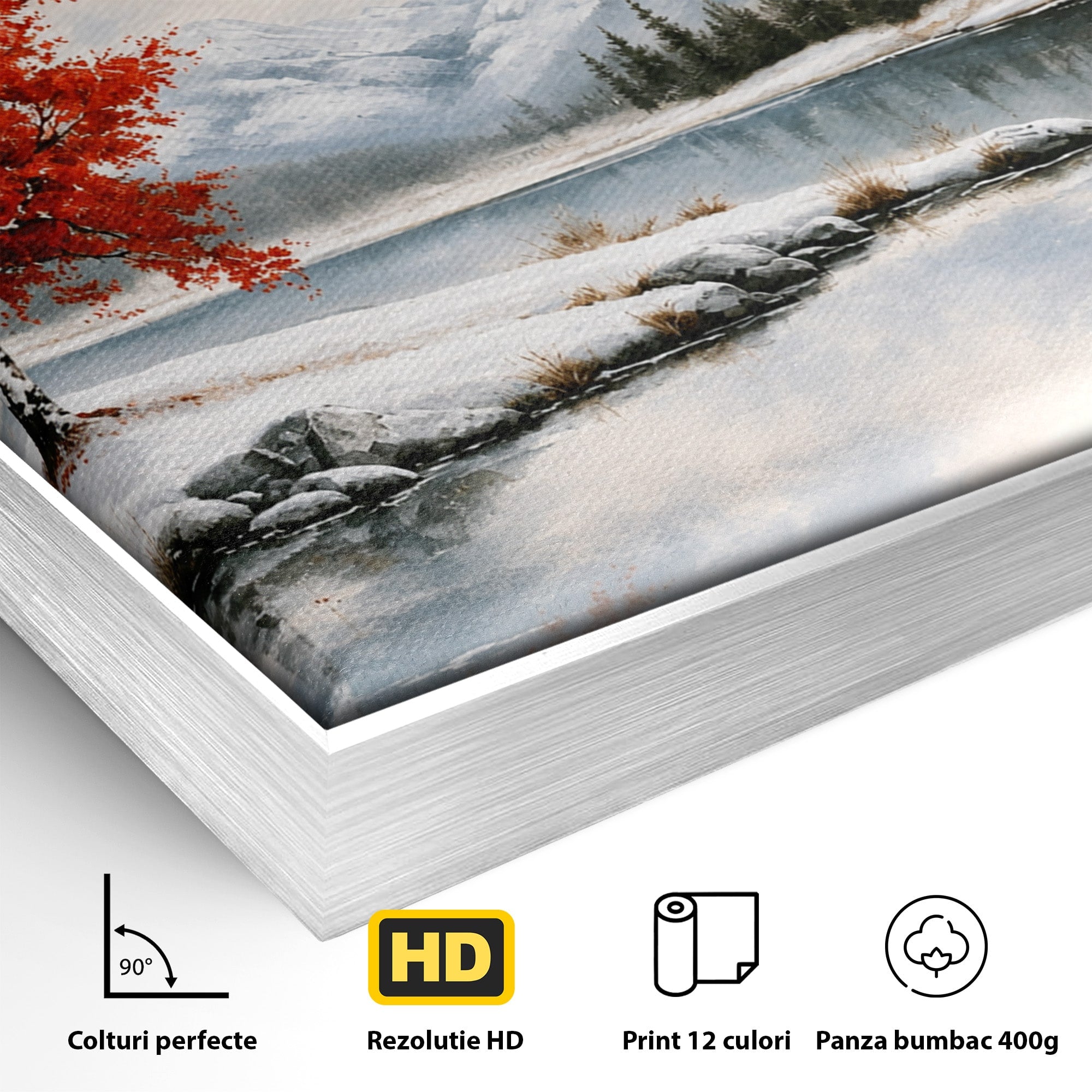 Tablou Canvas Premium LuxCanva® A1705, Peisaj De Iarna Cu Arbore Rosu, Peisaj, Iarna, Arbore, Lac, Natura, Living, Dormitor, Culori Vibrante