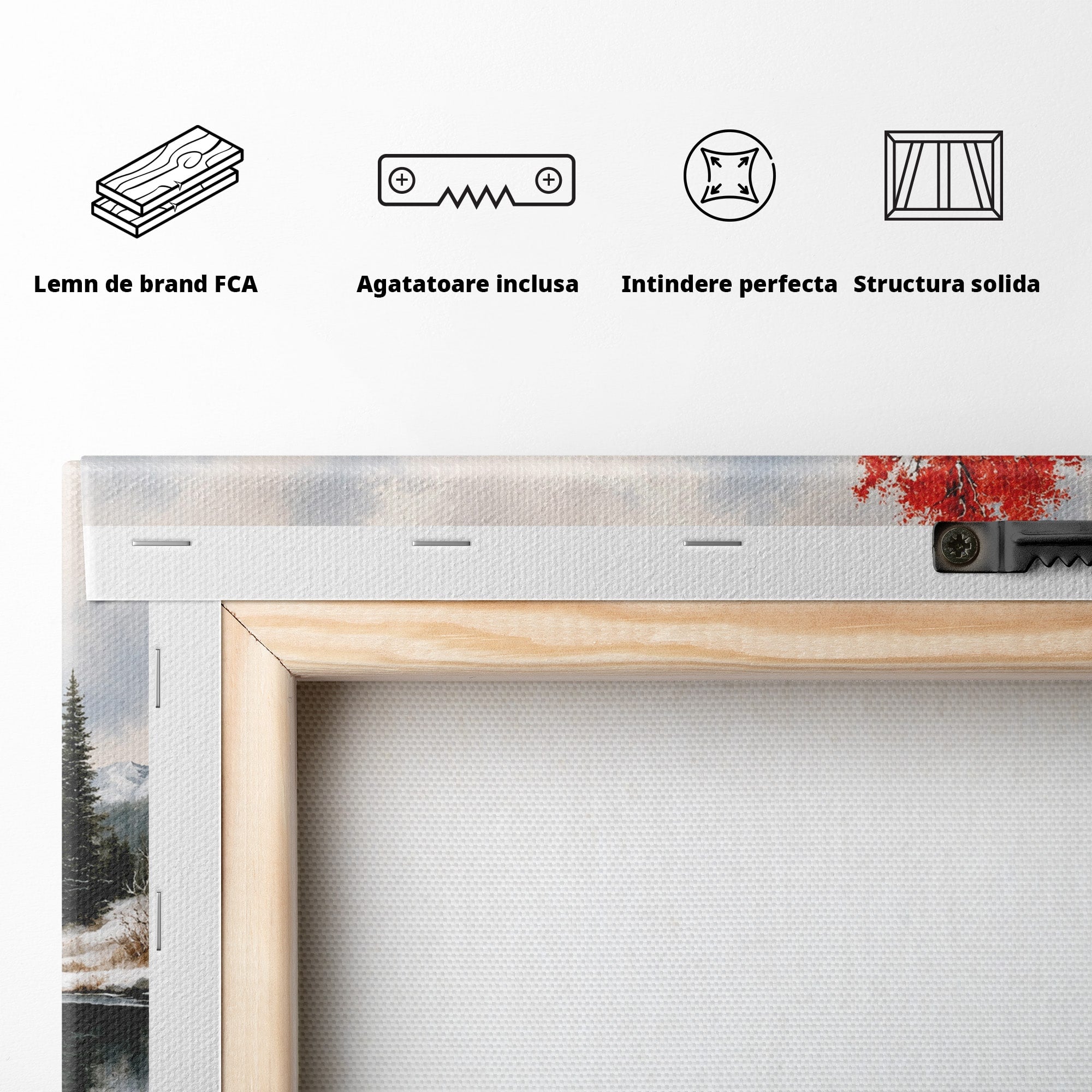Tablou Canvas Premium LuxCanva® A1705, Peisaj De Iarna Cu Arbore Rosu, Peisaj, Iarna, Arbore, Lac, Natura, Living, Dormitor, Culori Vibrante