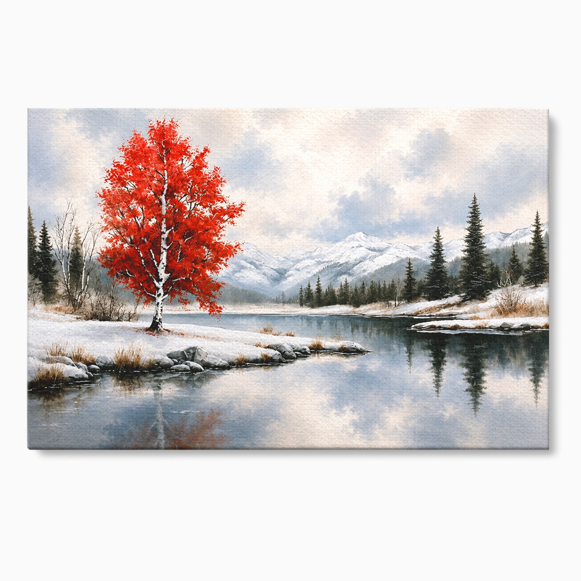 Tablou Canvas Premium LuxCanva® A1705, Peisaj De Iarna Cu Arbore Rosu, Peisaj, Iarna, Arbore, Lac, Natura, Living, Dormitor, Culori Vibrante