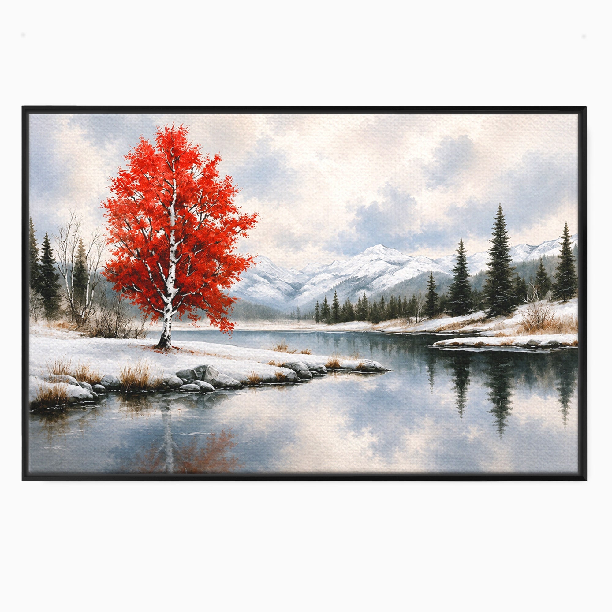 Tablou Canvas Premium LuxCanva® A1705, Peisaj De Iarna Cu Arbore Rosu, Peisaj, Iarna, Arbore, Lac, Natura, Living, Dormitor, Culori Vibrante