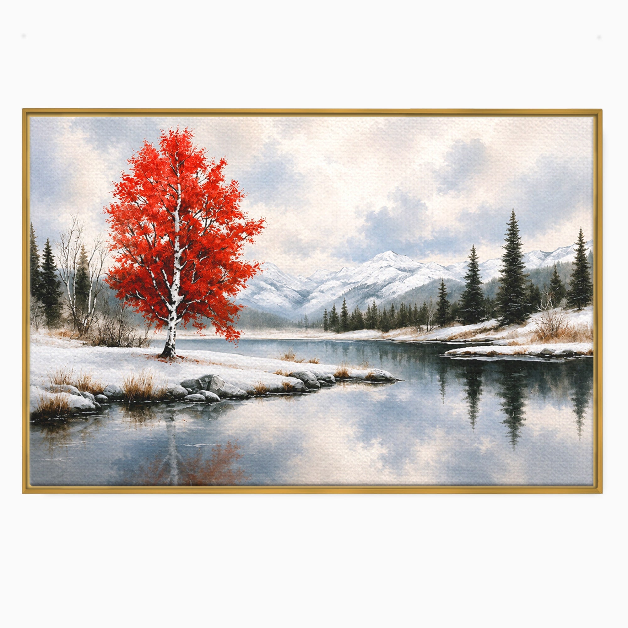 Tablou Canvas Premium LuxCanva® A1705, Peisaj De Iarna Cu Arbore Rosu, Peisaj, Iarna, Arbore, Lac, Natura, Living, Dormitor, Culori Vibrante