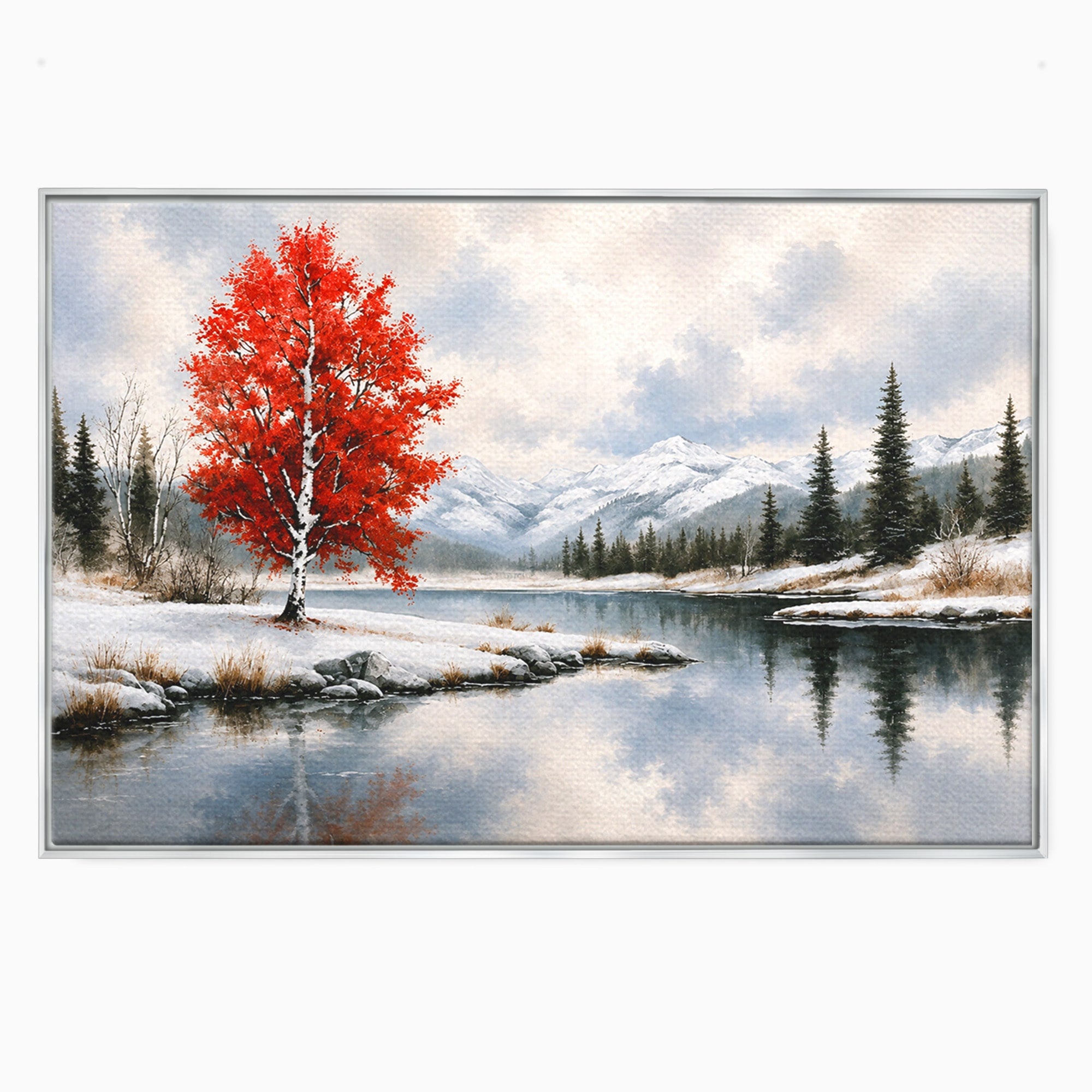 Tablou Canvas Premium LuxCanva® A1705, Peisaj De Iarna Cu Arbore Rosu, Peisaj, Iarna, Arbore, Lac, Natura, Living, Dormitor, Culori Vibrante