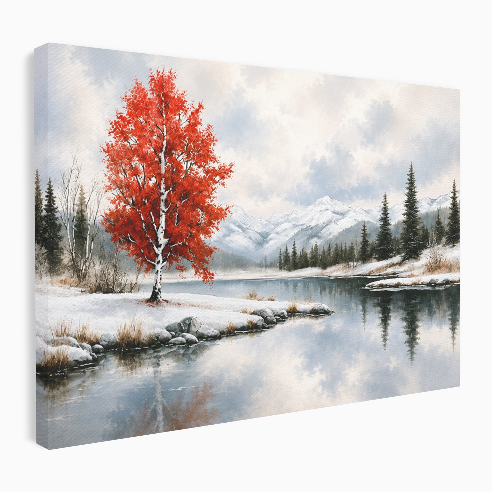 Tablou Canvas Premium LuxCanva® A1705, Peisaj De Iarna Cu Arbore Rosu, Peisaj, Iarna, Arbore, Lac, Natura, Living, Dormitor, Culori Vibrante
