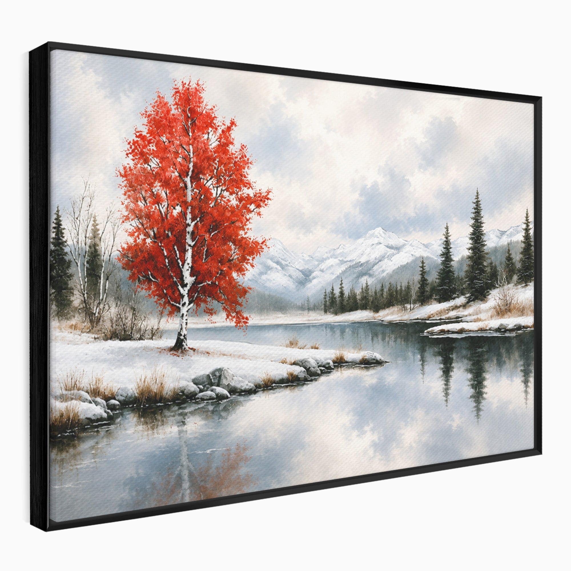 Tablou Canvas Premium LuxCanva® A1705, Peisaj De Iarna Cu Arbore Rosu, Peisaj, Iarna, Arbore, Lac, Natura, Living, Dormitor, Culori Vibrante
