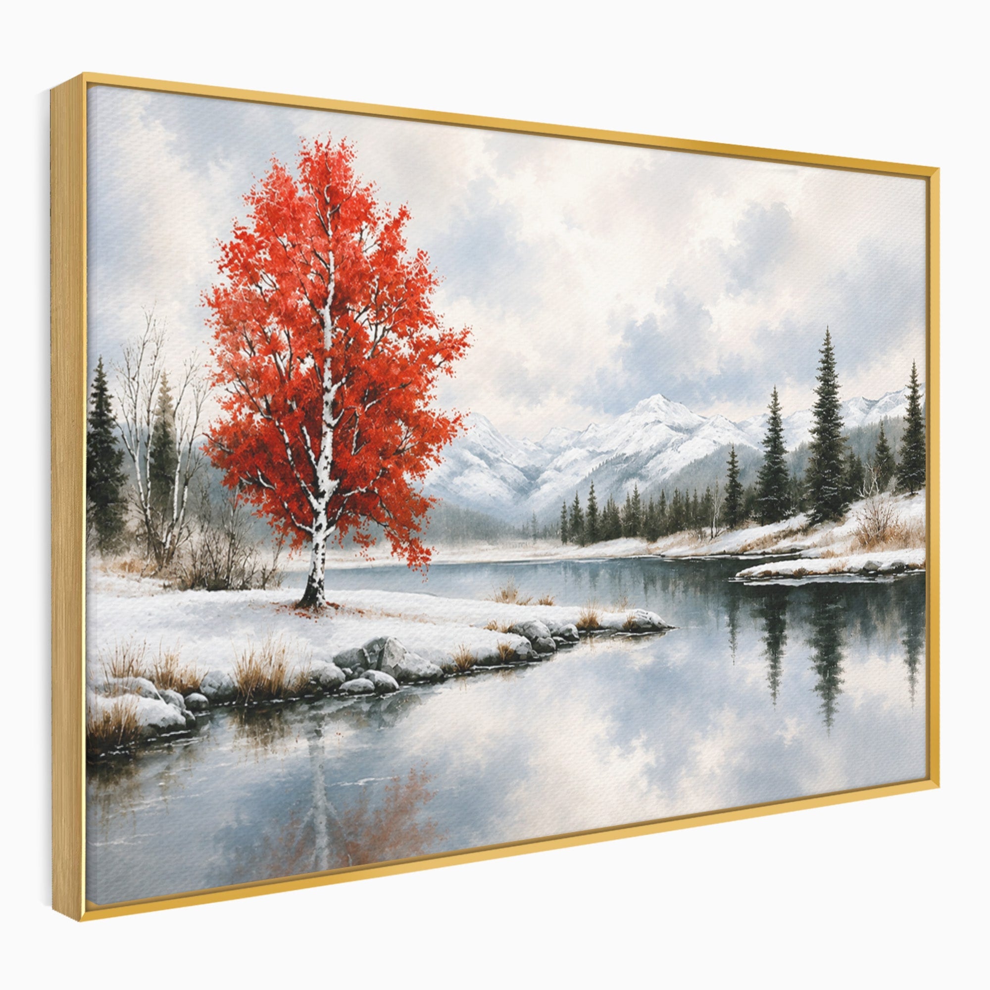 Tablou Canvas Premium LuxCanva® A1705, Peisaj De Iarna Cu Arbore Rosu, Peisaj, Iarna, Arbore, Lac, Natura, Living, Dormitor, Culori Vibrante