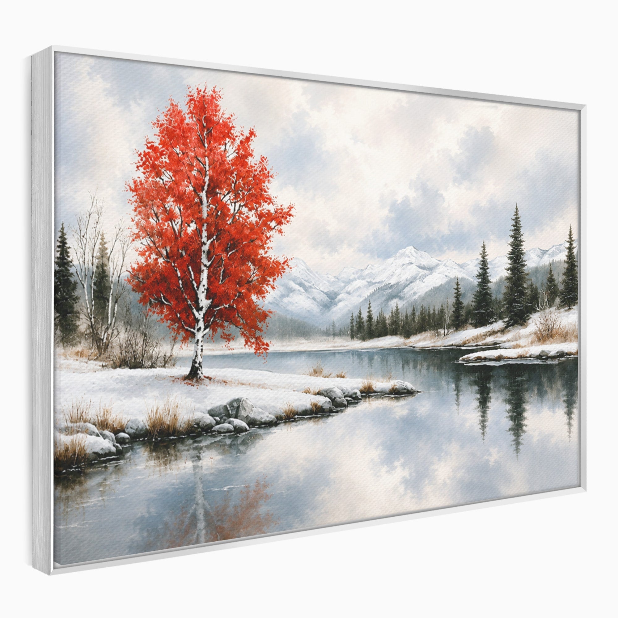Tablou Canvas Premium LuxCanva® A1705, Peisaj De Iarna Cu Arbore Rosu, Peisaj, Iarna, Arbore, Lac, Natura, Living, Dormitor, Culori Vibrante