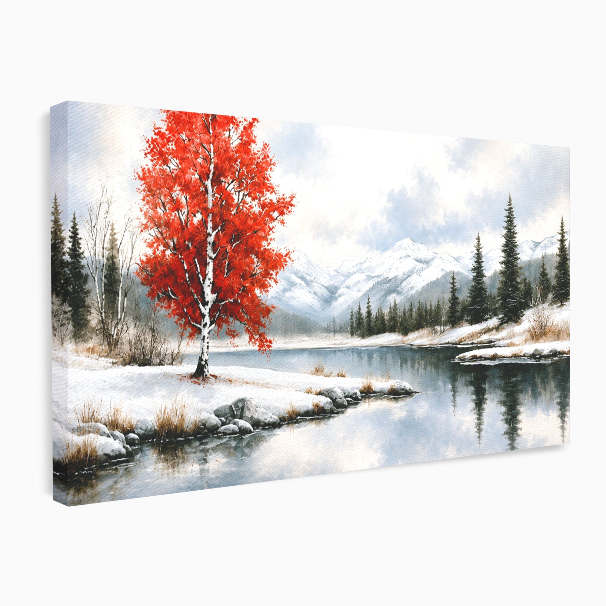 Tablou Canvas Premium LuxCanva® A1705, Peisaj De Iarna Cu Arbore Rosu, Peisaj, Iarna, Arbore, Lac, Natura, Living, Dormitor, Culori Vibrante