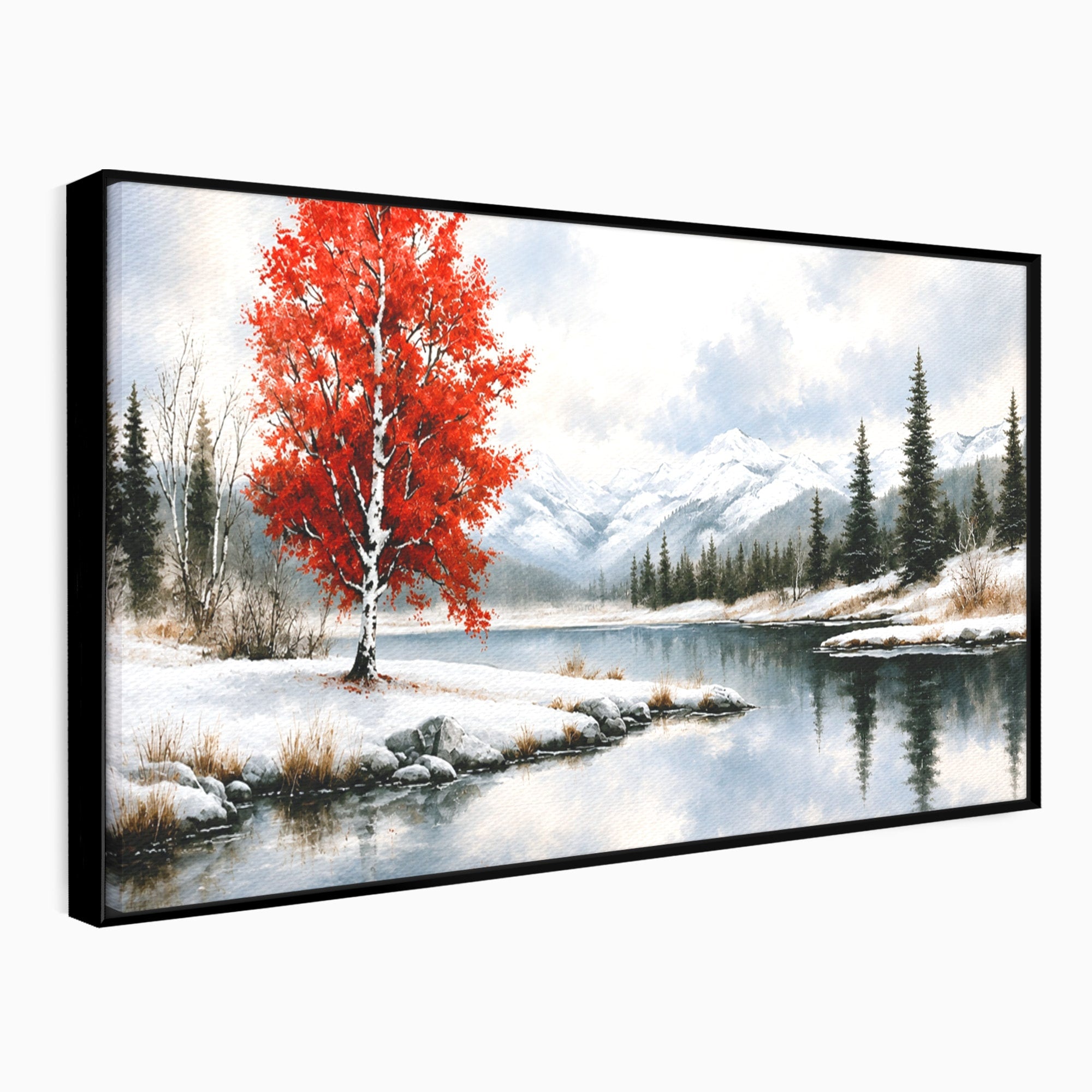 Tablou Canvas Premium LuxCanva® A1705, Peisaj De Iarna Cu Arbore Rosu, Peisaj, Iarna, Arbore, Lac, Natura, Living, Dormitor, Culori Vibrante