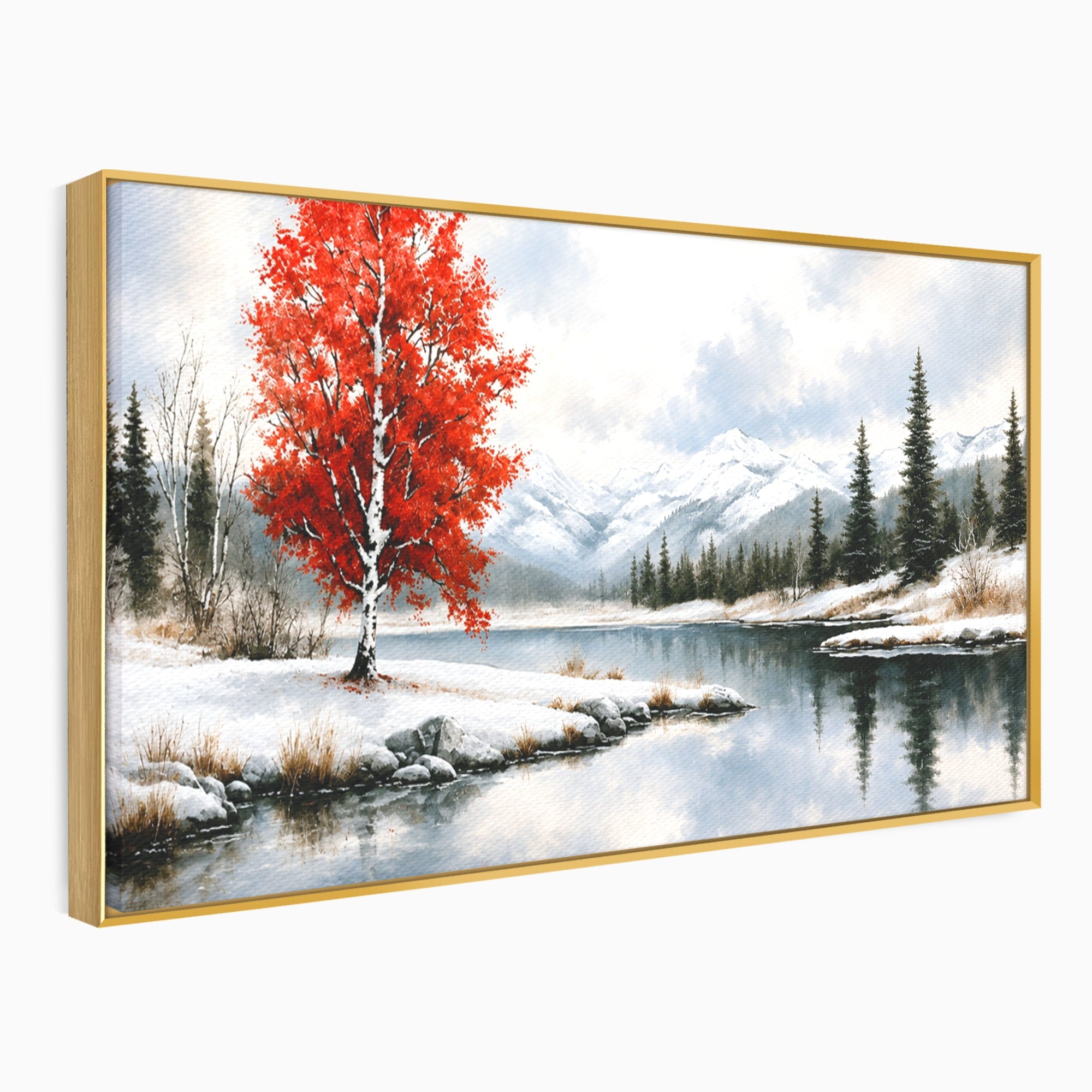 Tablou Canvas Premium LuxCanva® A1705, Peisaj De Iarna Cu Arbore Rosu, Peisaj, Iarna, Arbore, Lac, Natura, Living, Dormitor, Culori Vibrante