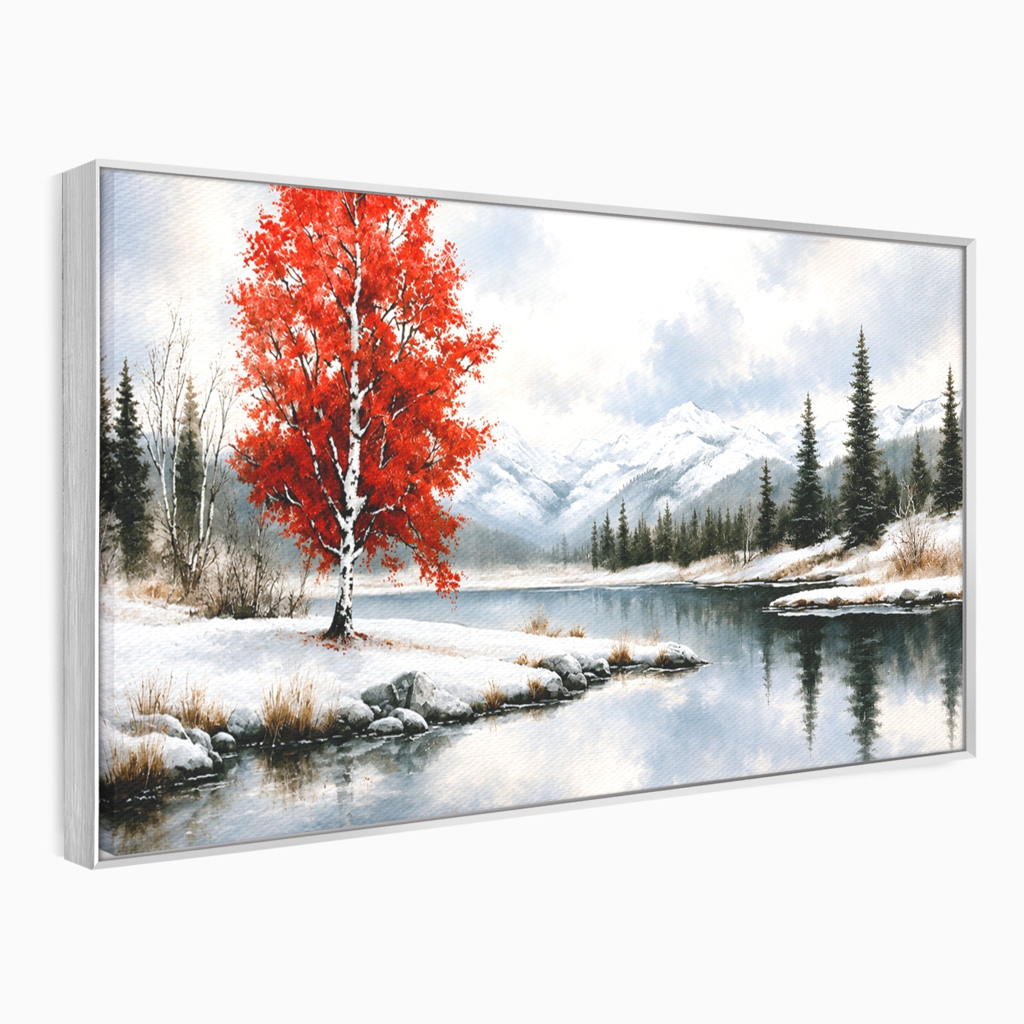Tablou Canvas Premium LuxCanva® A1705, Peisaj De Iarna Cu Arbore Rosu, Peisaj, Iarna, Arbore, Lac, Natura, Living, Dormitor, Culori Vibrante