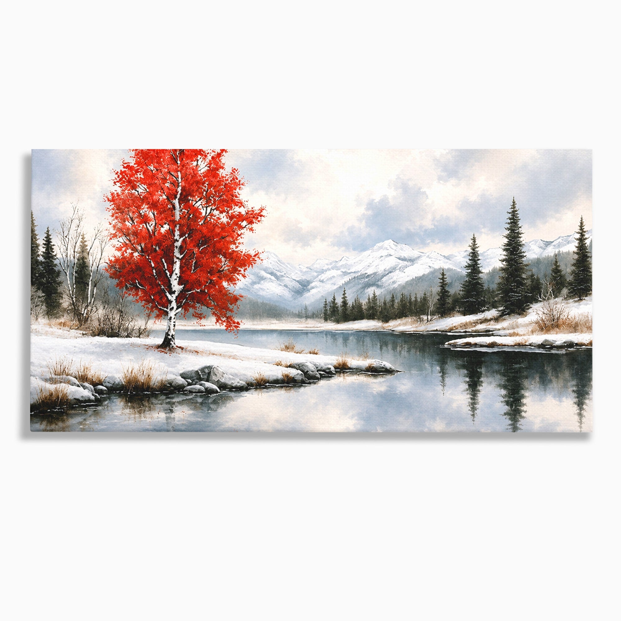 Tablou Canvas Premium LuxCanva® A1705, Peisaj De Iarna Cu Arbore Rosu, Peisaj, Iarna, Arbore, Lac, Natura, Living, Dormitor, Culori Vibrante