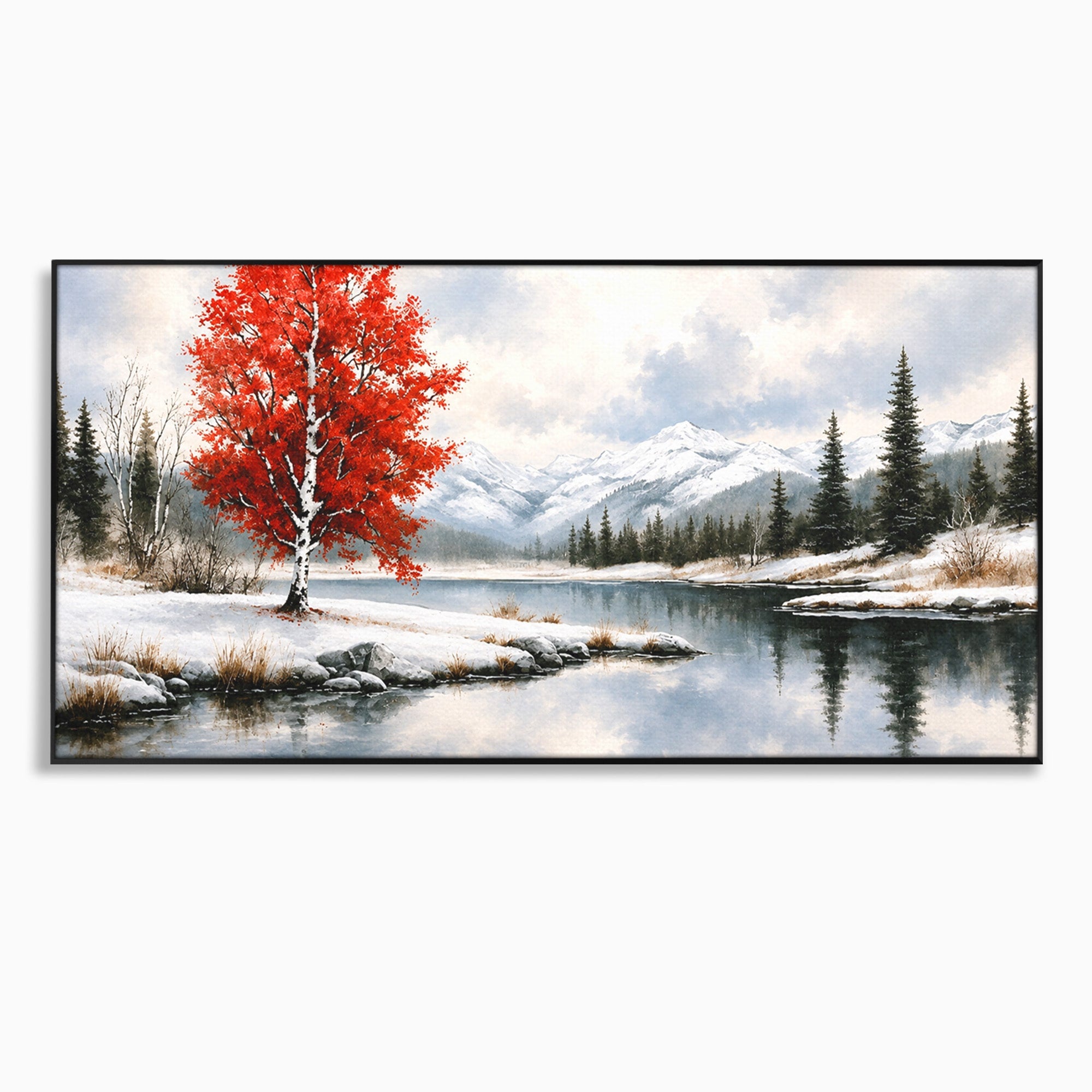 Tablou Canvas Premium LuxCanva® A1705, Peisaj De Iarna Cu Arbore Rosu, Peisaj, Iarna, Arbore, Lac, Natura, Living, Dormitor, Culori Vibrante