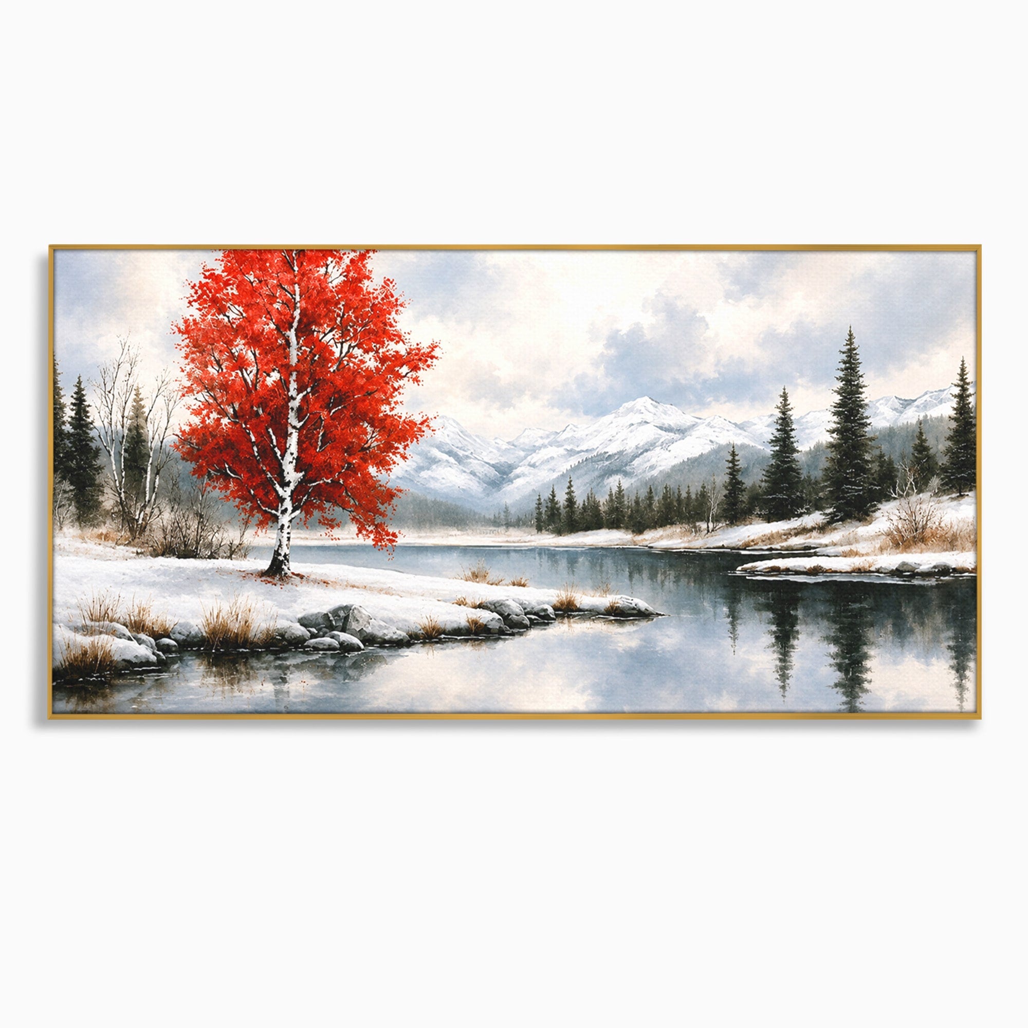 Tablou Canvas Premium LuxCanva® A1705, Peisaj De Iarna Cu Arbore Rosu, Peisaj, Iarna, Arbore, Lac, Natura, Living, Dormitor, Culori Vibrante