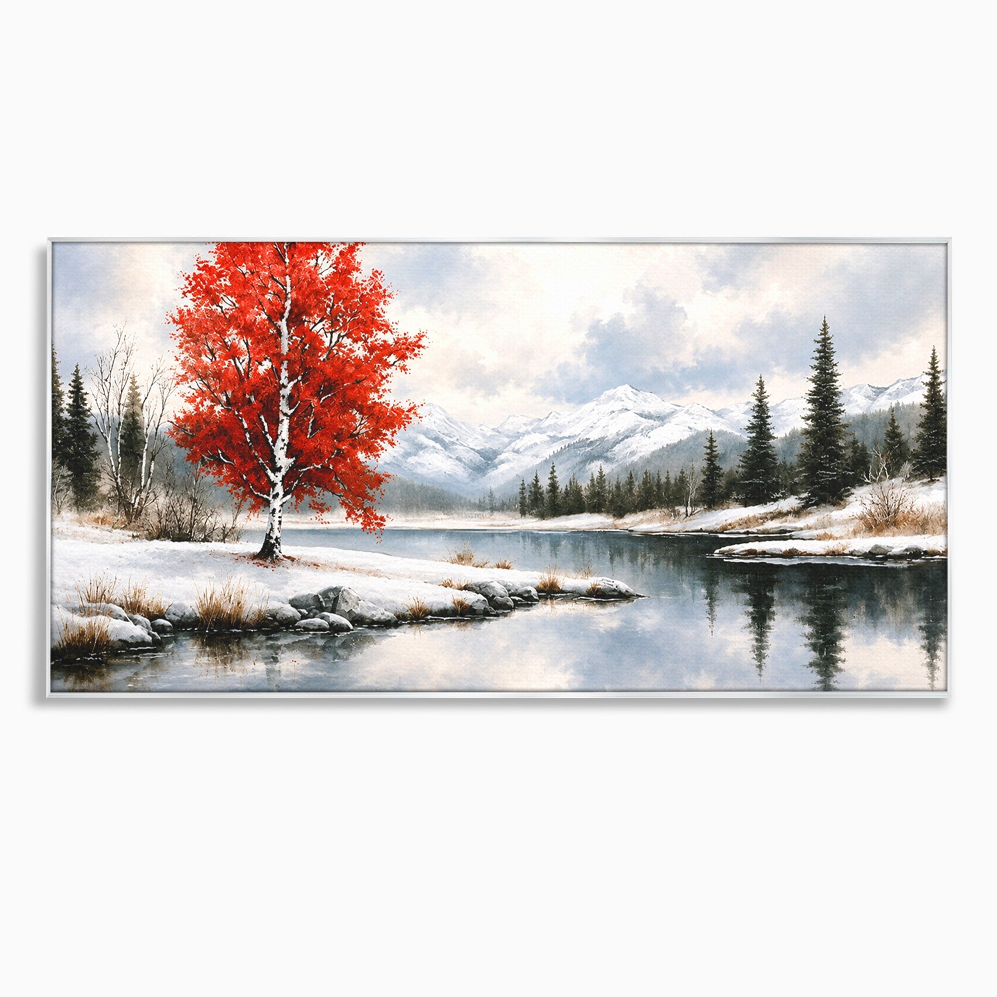 Tablou Canvas Premium LuxCanva® A1705, Peisaj De Iarna Cu Arbore Rosu, Peisaj, Iarna, Arbore, Lac, Natura, Living, Dormitor, Culori Vibrante