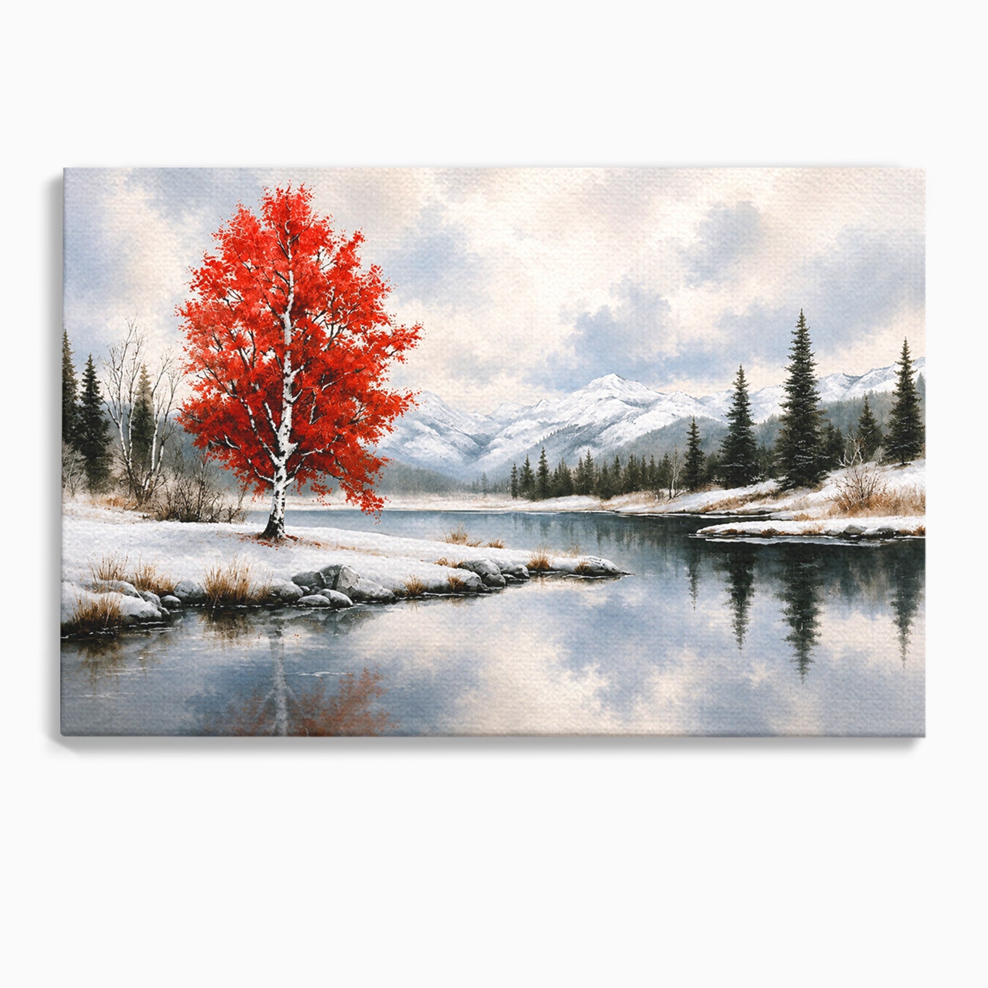 Tablou Canvas Premium LuxCanva® A1705, Peisaj De Iarna Cu Arbore Rosu, Peisaj, Iarna, Arbore, Lac, Natura, Living, Dormitor, Culori Vibrante