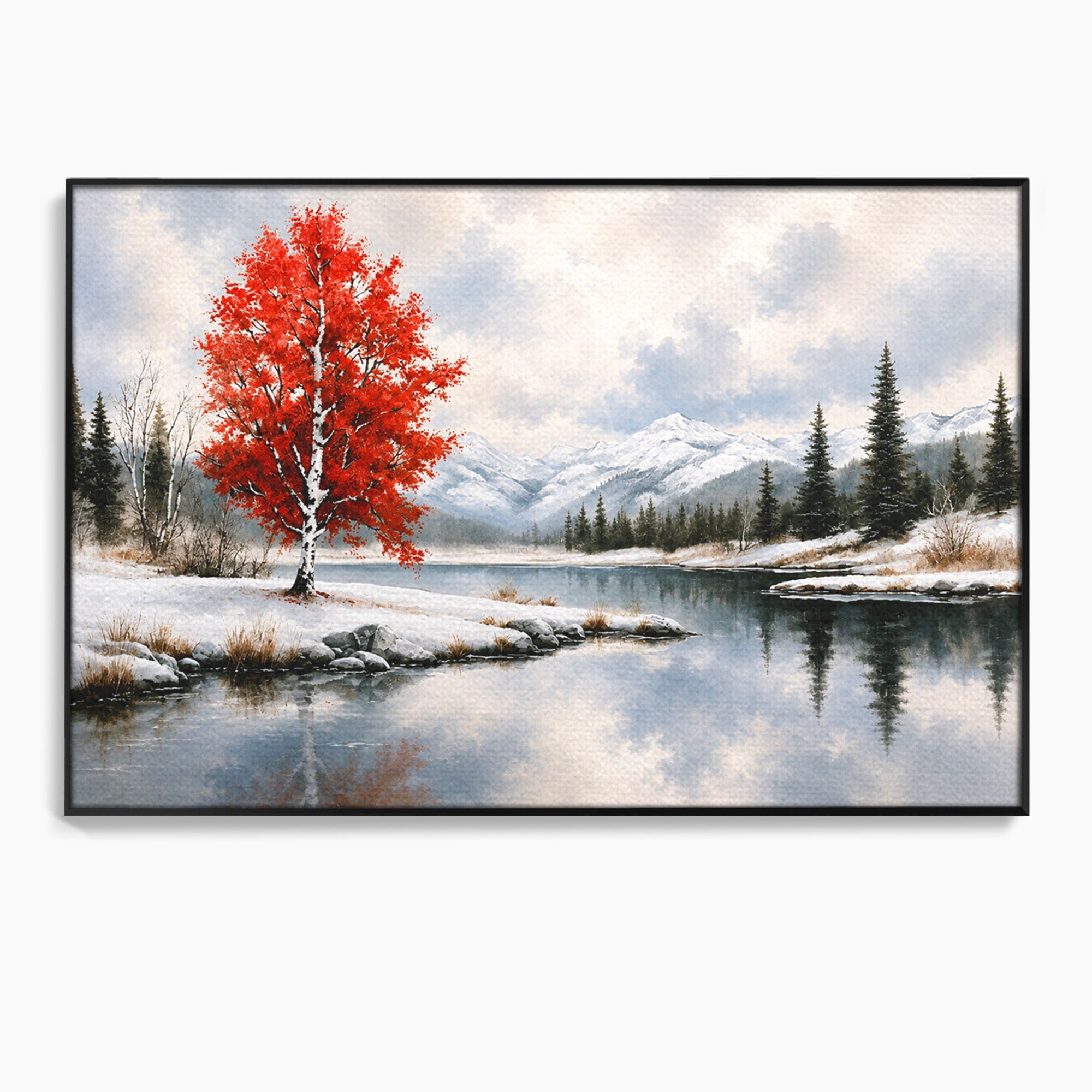 Tablou Canvas Premium LuxCanva® A1705, Peisaj De Iarna Cu Arbore Rosu, Peisaj, Iarna, Arbore, Lac, Natura, Living, Dormitor, Culori Vibrante